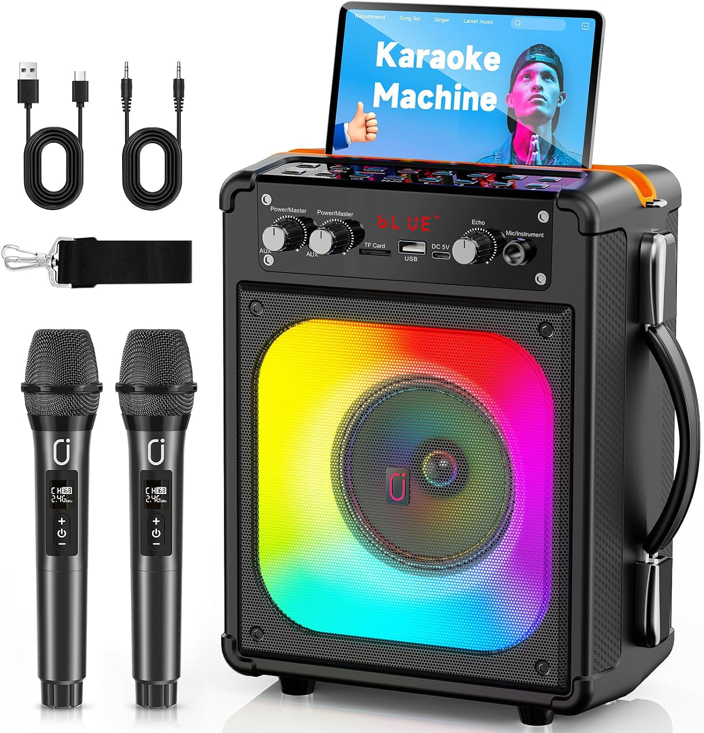 Detalle de HWWR Karaoke Maschine TX06 – All-in-One Karaoke Anlage mit 2 Mikrofonen, 5,25 Zoll Tieftöner und TV-Anbindung