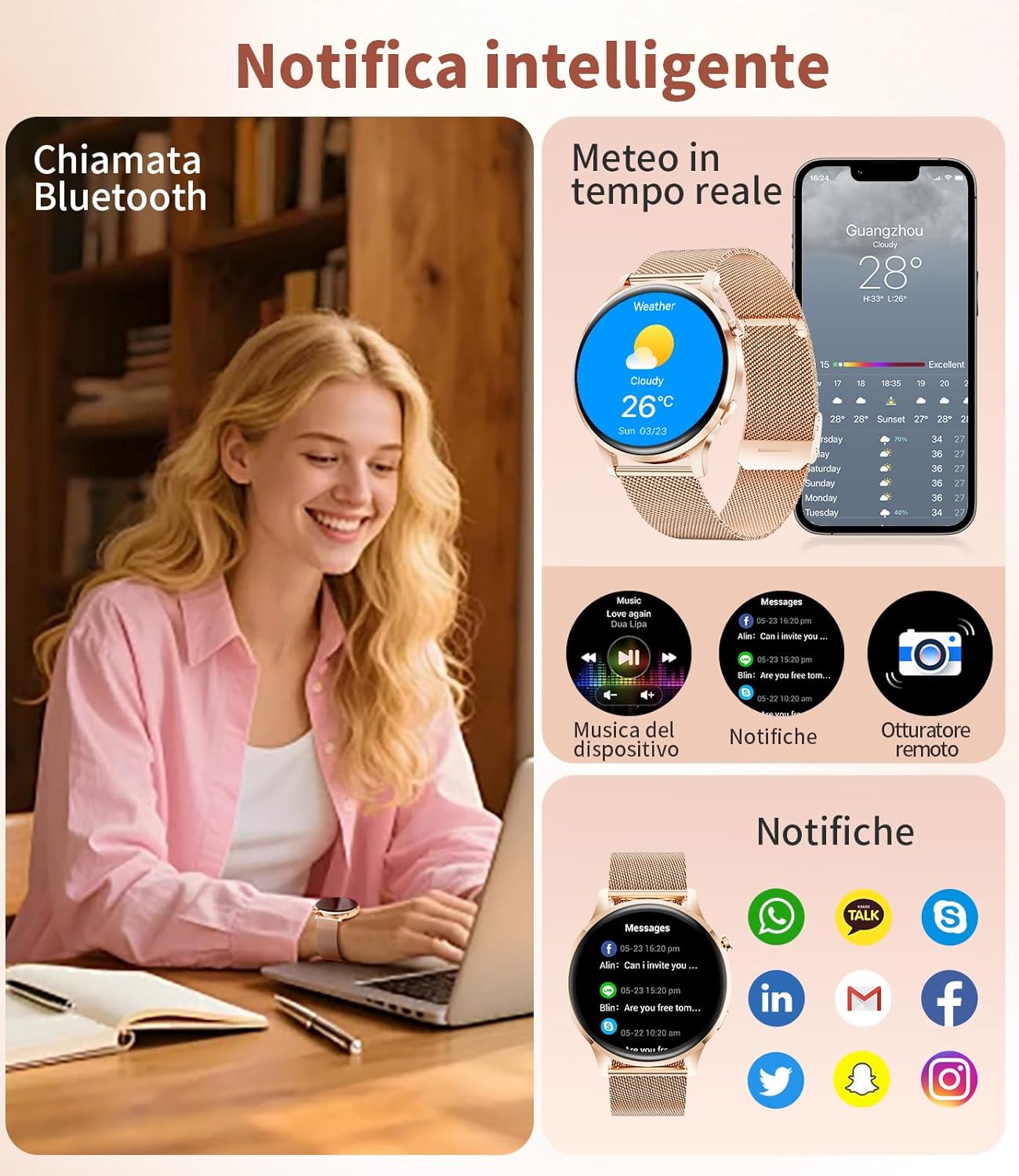 Detalle de LIGE Smartwatch Donna 7,9 mm ultrafino con display AMOLED da 1,32" - Oro Rosa