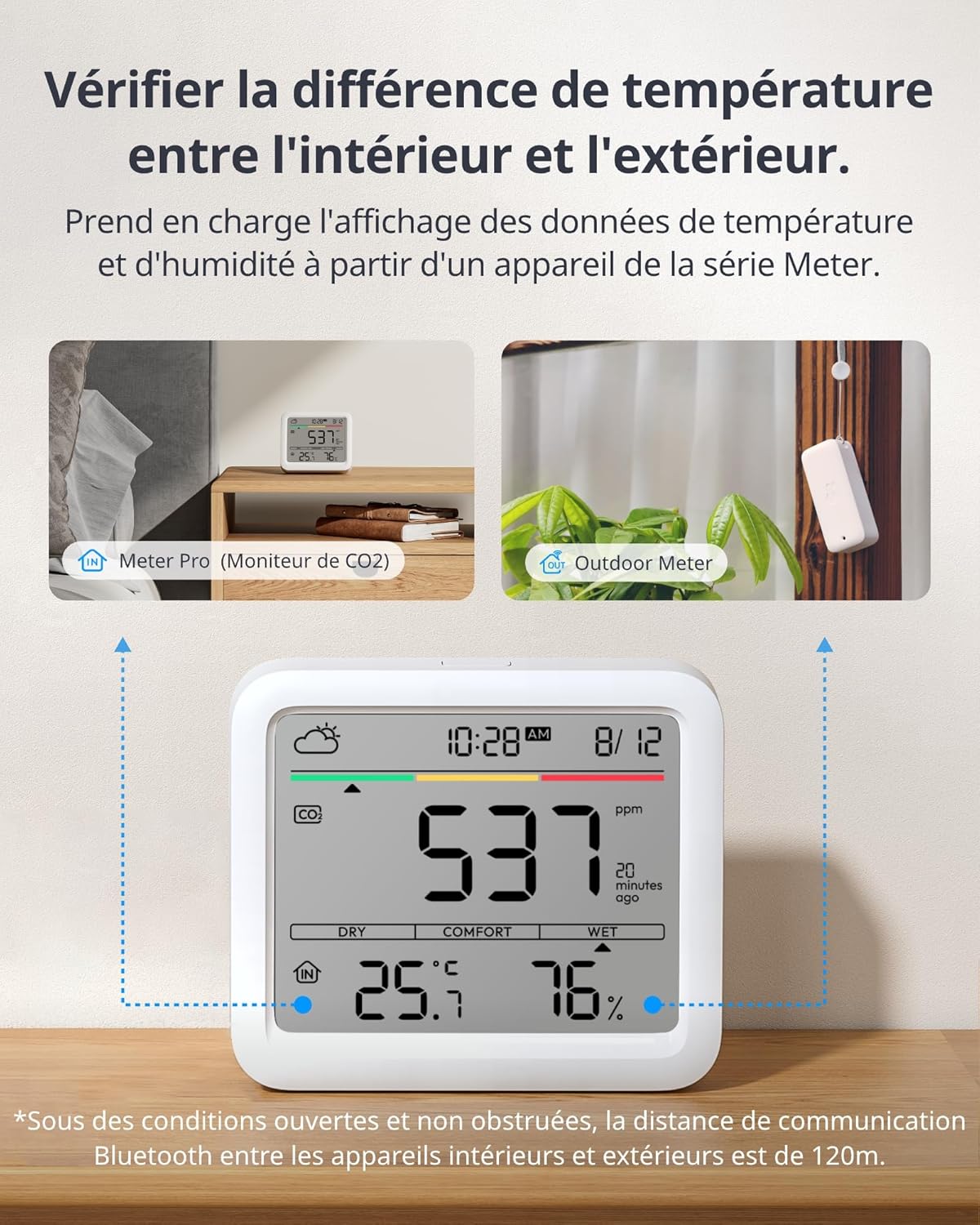 Detalle de SwitchBot Détecteur de CO2 Bluetooth IP65 avec thermomètre et hygromètre intérieur – mesure précise et alarme