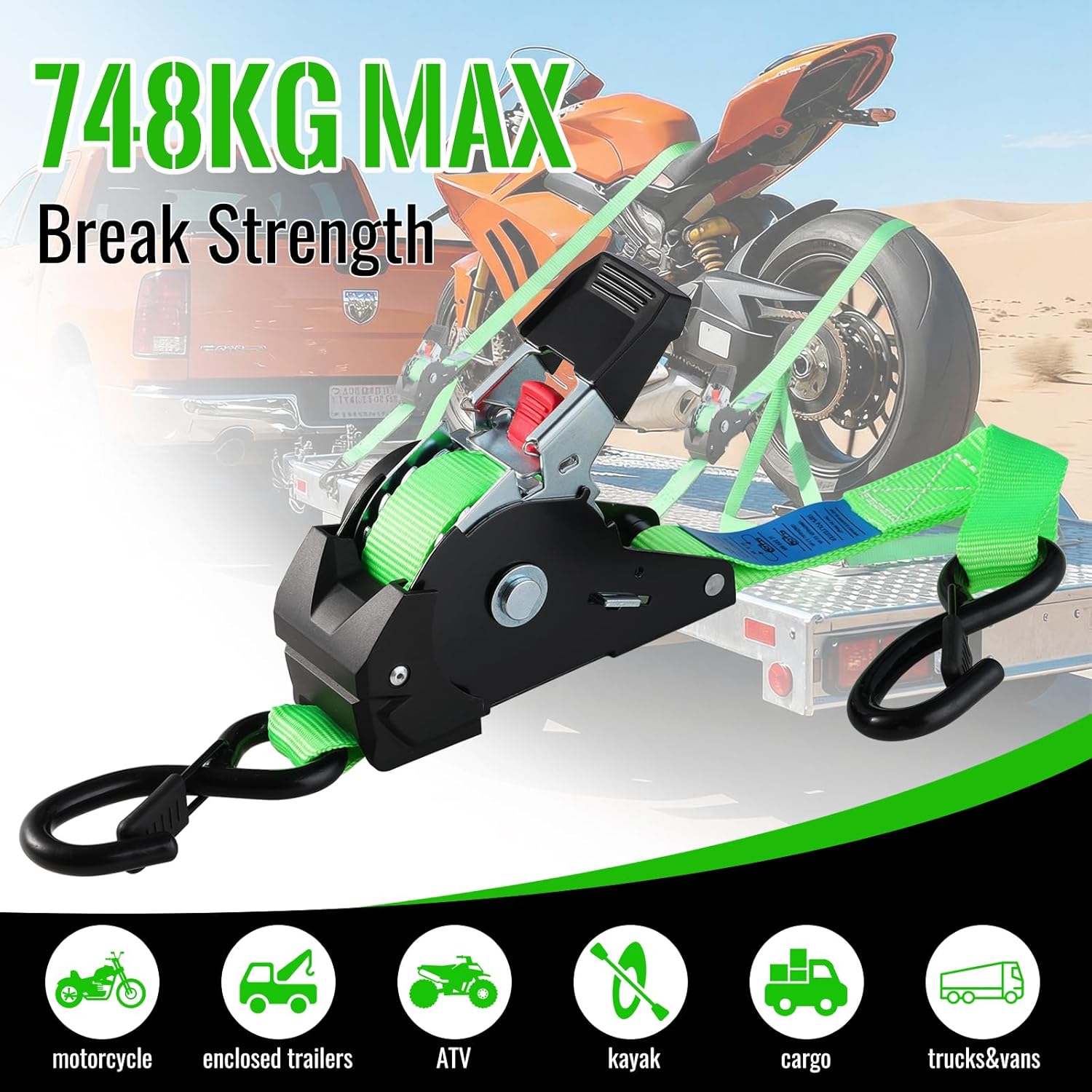 Thumbnail 5 de TLGREEN Automatik Spanngurt 2 Stück – 3 m x 25 mm, Selbstaufrollende Zurrgurte mit S-Haken (750 kg), grün