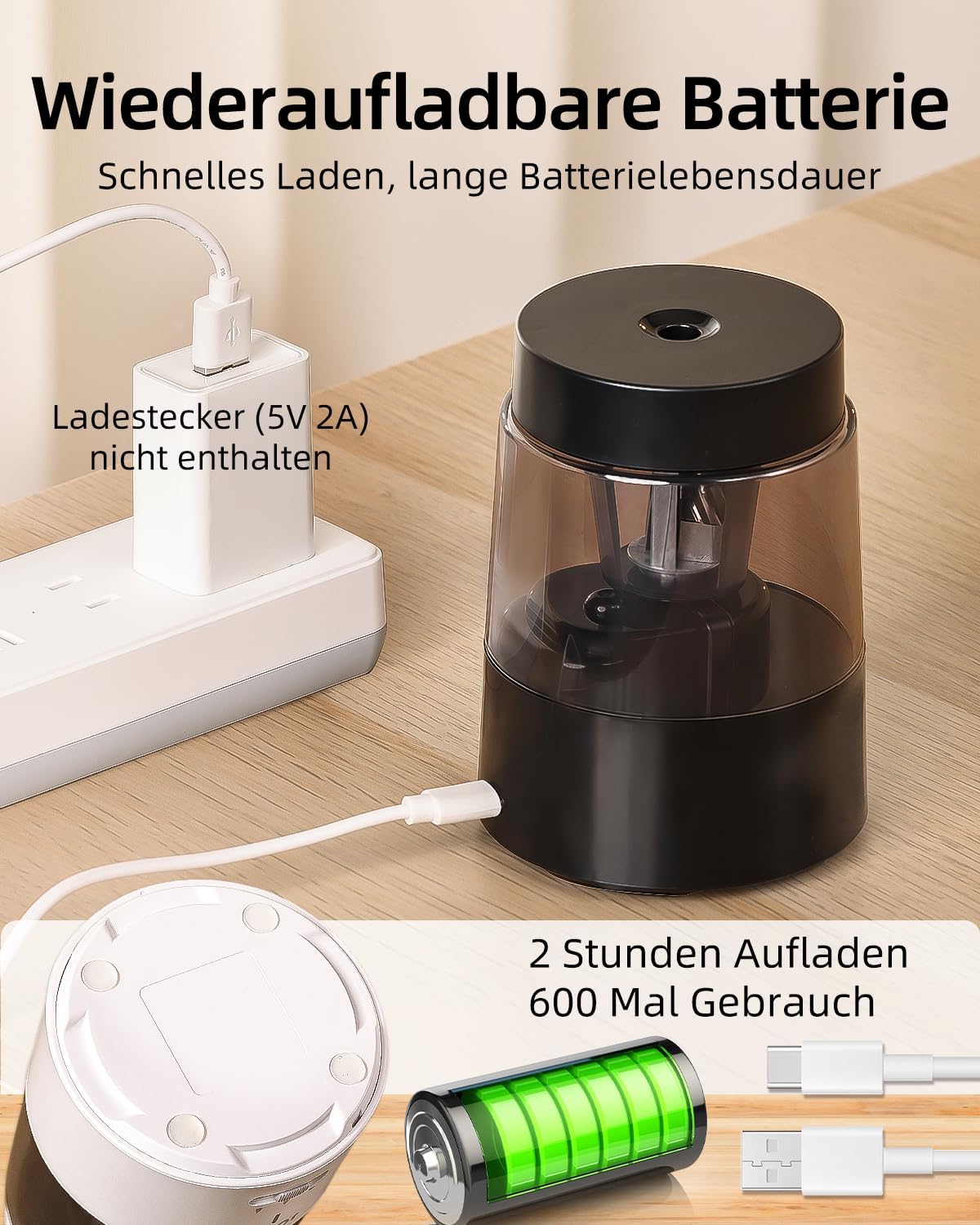 Detalle de ZMOL Elektrischer Bleistiftspitzer für Kinder – USB-C, Auto-Stopp, 6–8 mm, Schwarz