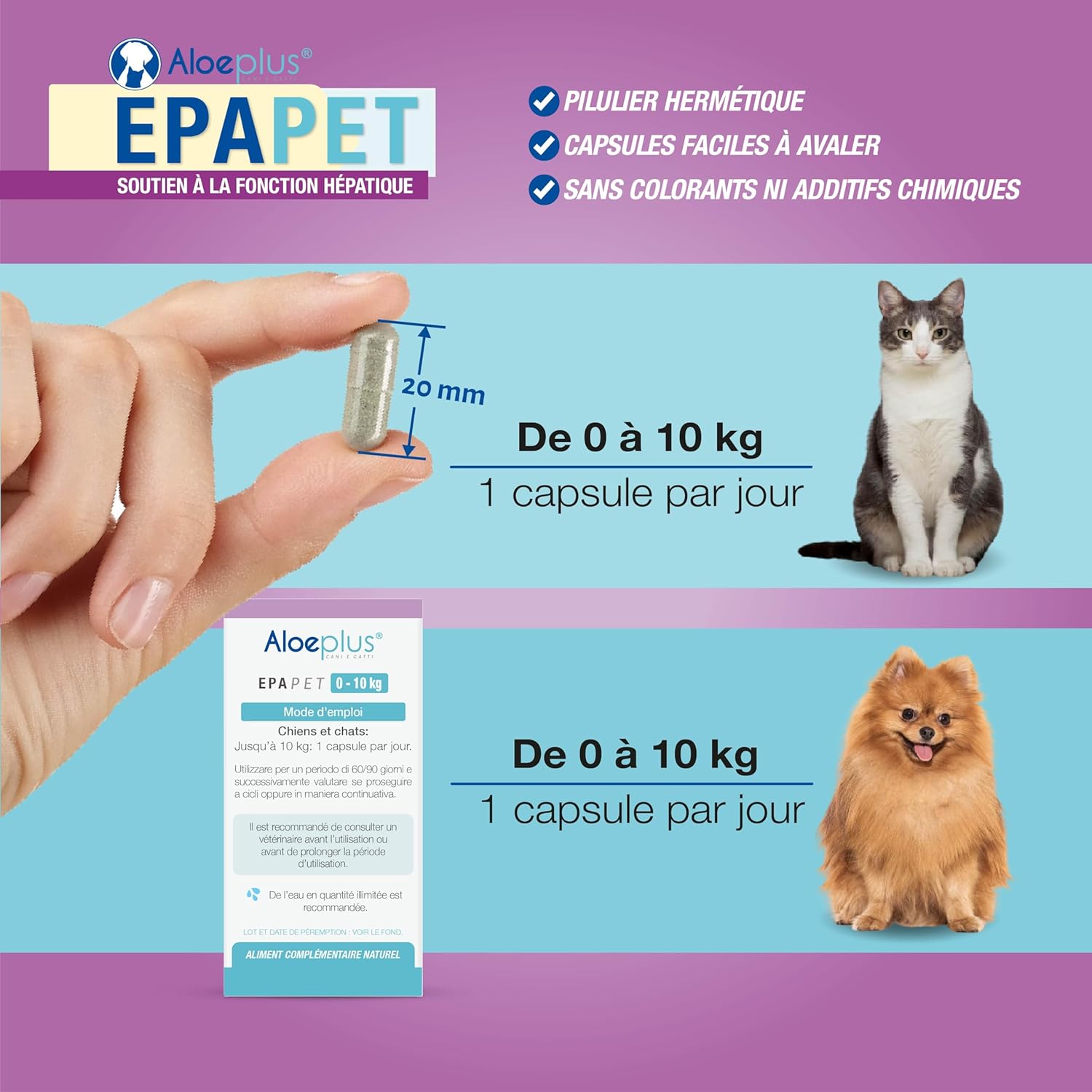 Detalle de ALOEPLUS EpaPet - Complément naturel en capsules pour le foie des chiens et chats de petite taille (0-10 kg) avec chardon-Marie, bétaïne et vitamines