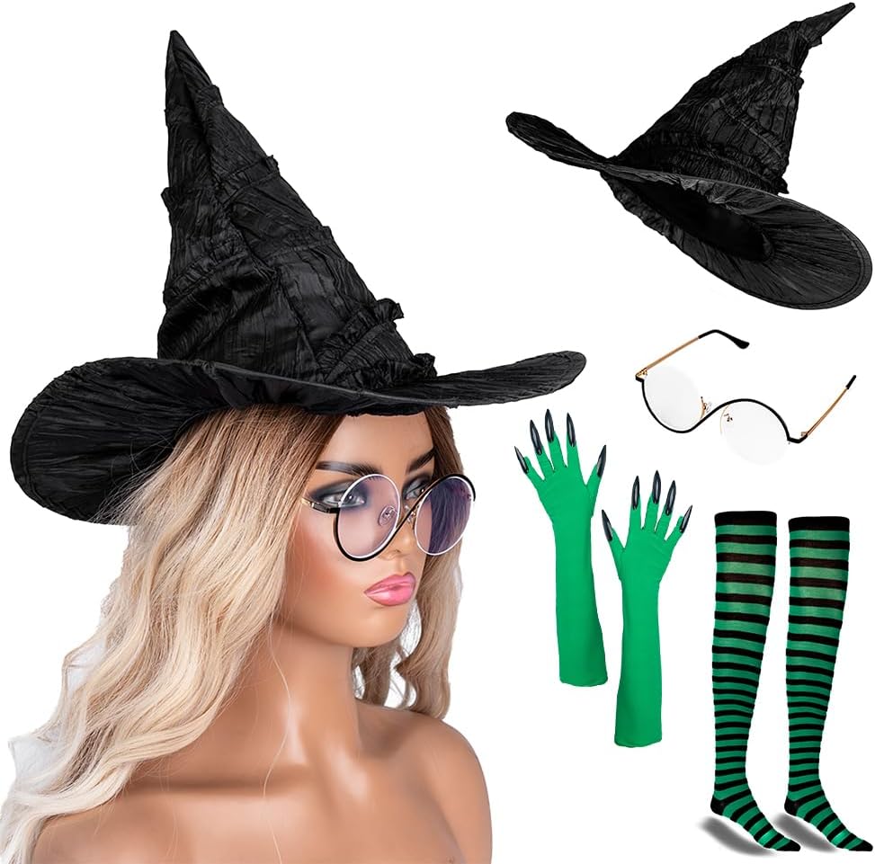 MORTICIA Hexe Kostüm Zubehör: Hut, Brille, grüne Handschuhe und gestreifte Socken – Halloween- und Cosplay-Set