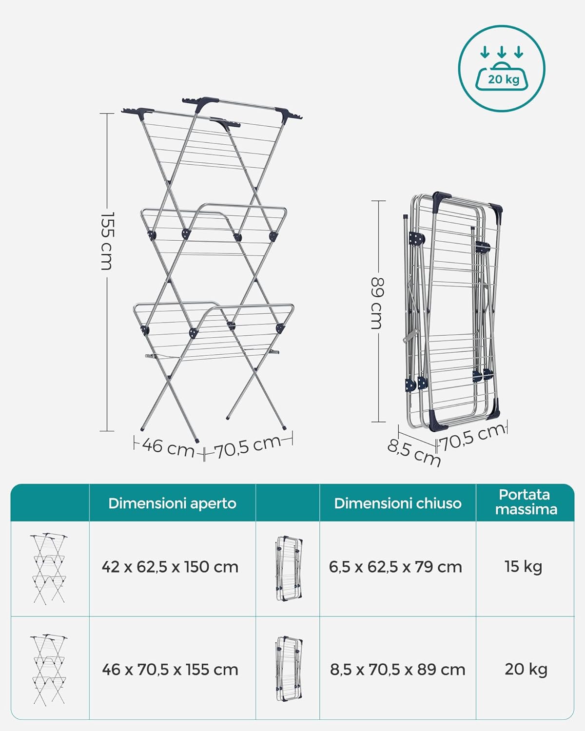 Thumbnail 5 de SONGMICS LLR720G01 stendibiancheria verticale a torre pieghevole, 46 x 70,5 x 155 cm, struttura in acciaio