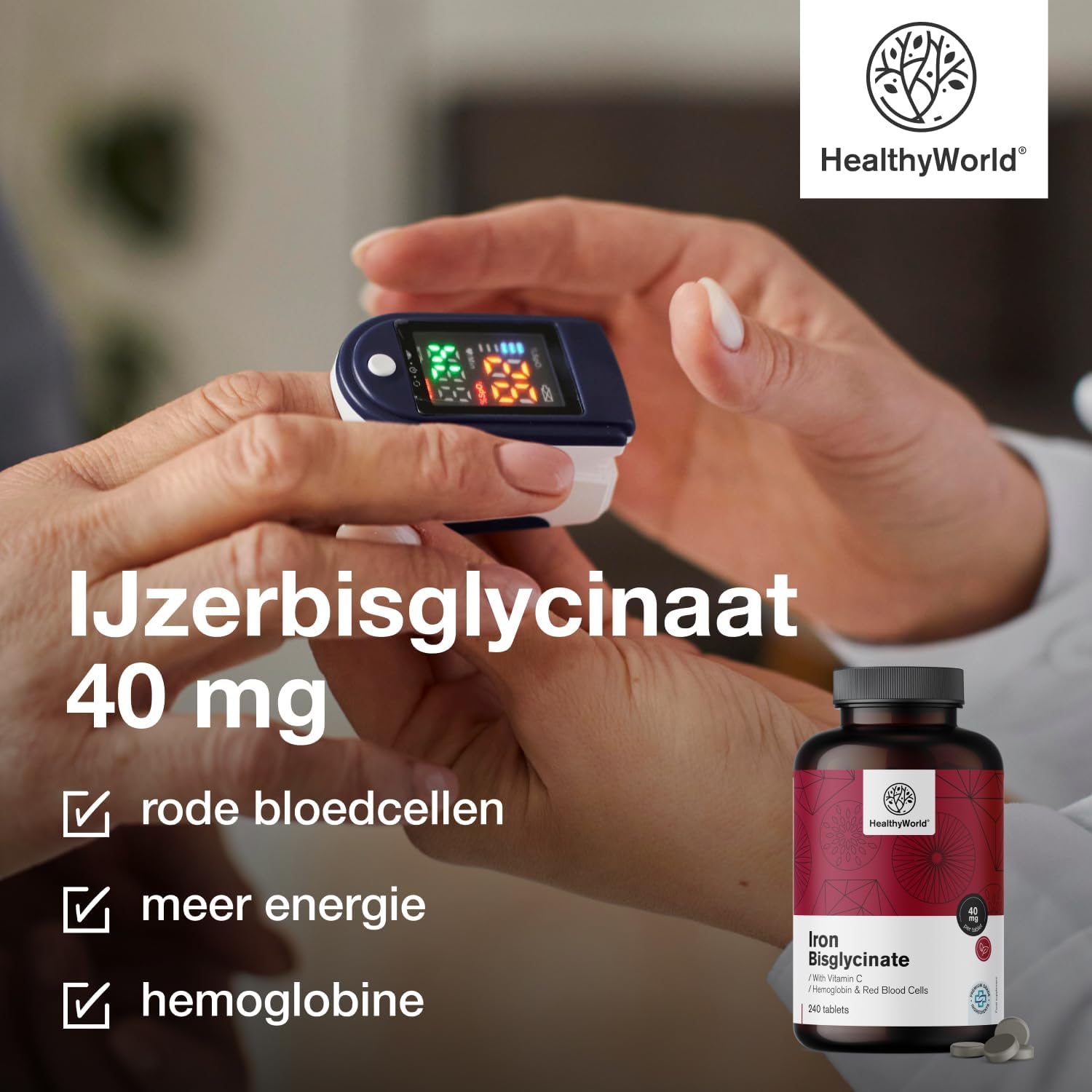 Detalle de HealthyWorld IJzer Bisglycinaat tabletten 40 mg met vitamine C, 240 stuks