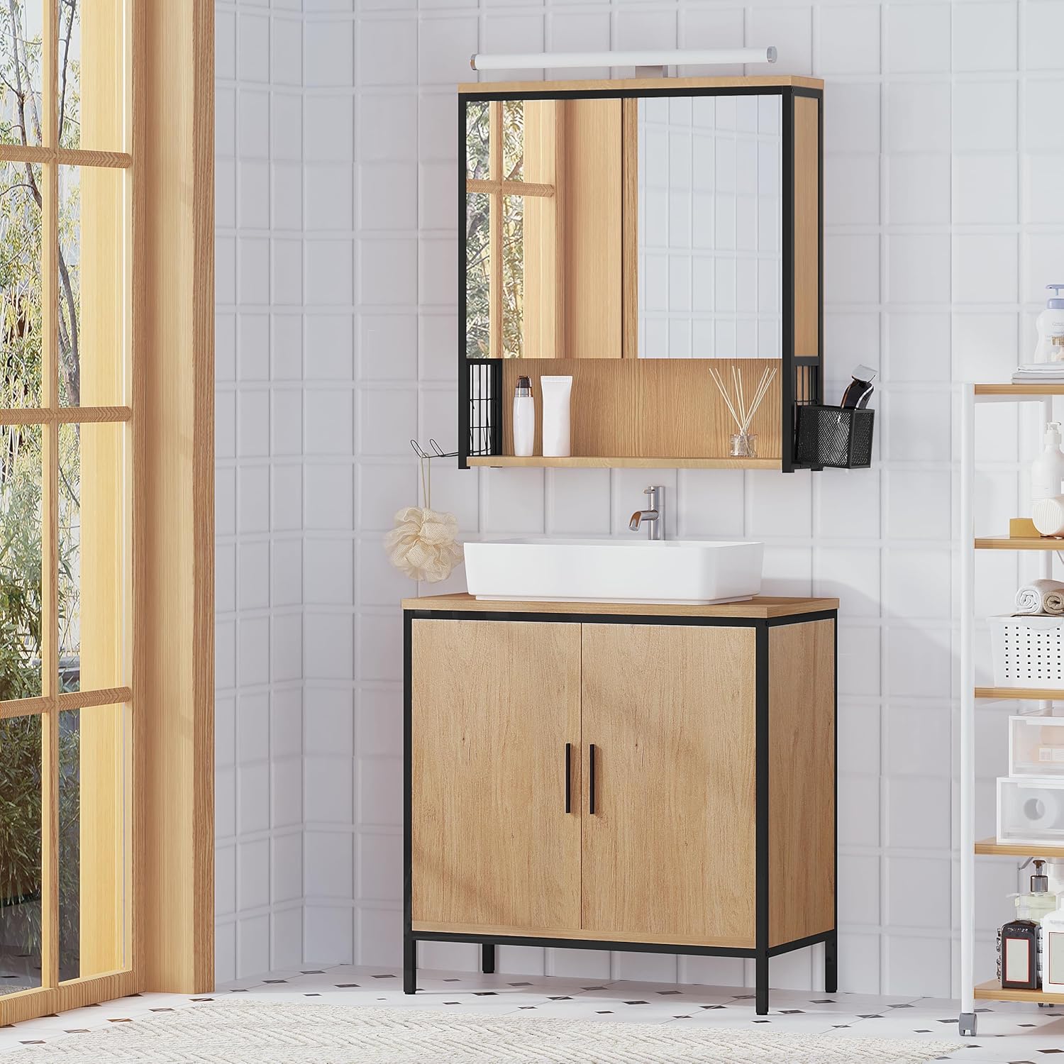 Thumbnail 2 de EUGAD Spiegelschrank Bad mit Beleuchtung – 56x60x13 cm, schwarz + helle Eiche