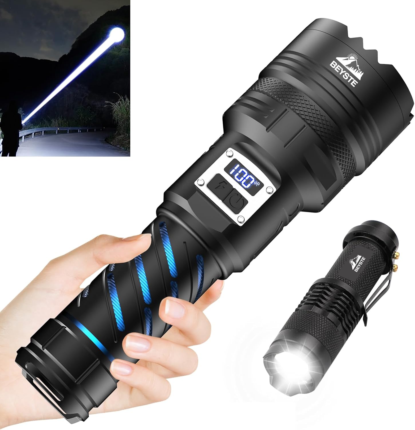 Detalle de BEYSTE A10-DE – akumulatorowa latarka LED z aluminium, zoomem i LCD