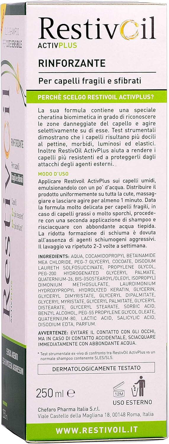 Detalle 2 de RestivOil Activplus Olio Shampoo Rinforzante per Capelli Fragili e Sfibrati, Senza Schiuma, 250 ml