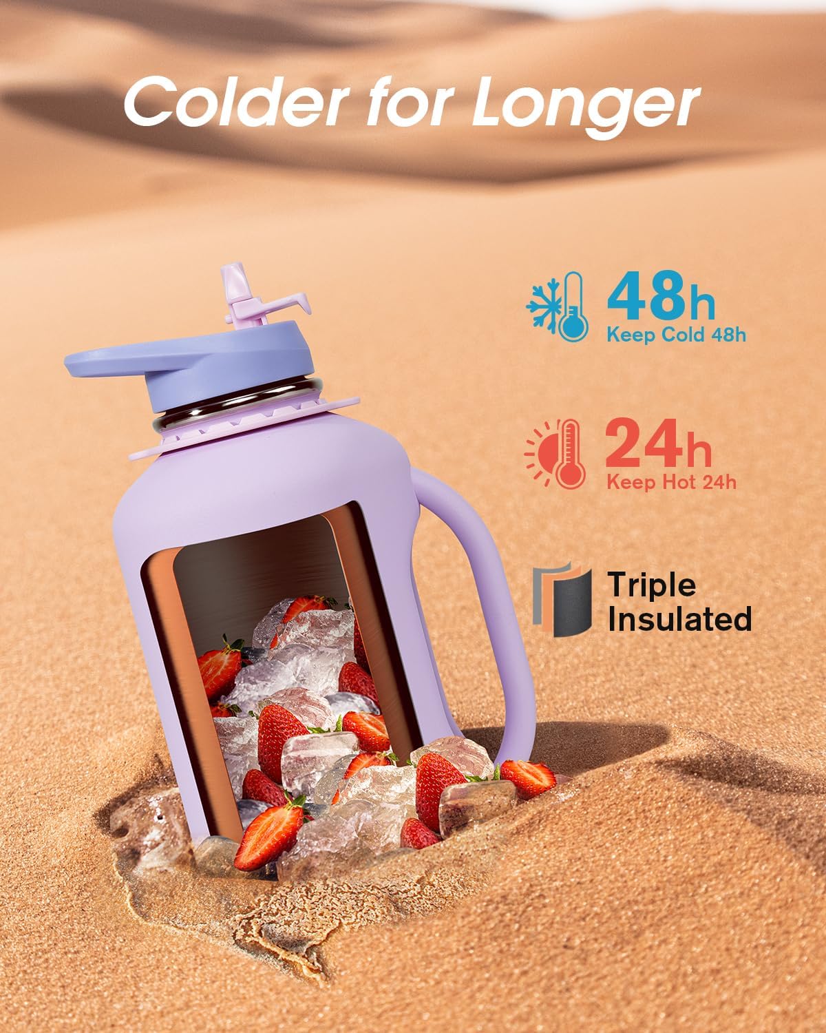 Thumbnail 2 de Coolflask Half Gallon Water Bottle with Straw – 64 oz Insulated Stainless Steel with Handle (Lavender)
