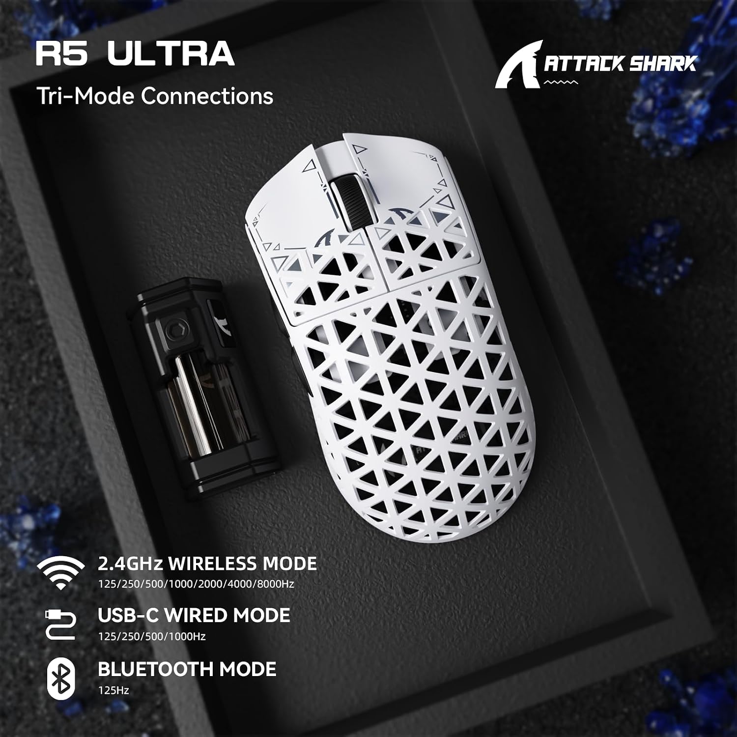 Detalle de ATTACK SHARK R5 Ultra: Mouse da gioco wireless in fibra di carbonio da 39 g con PAW3950MAX