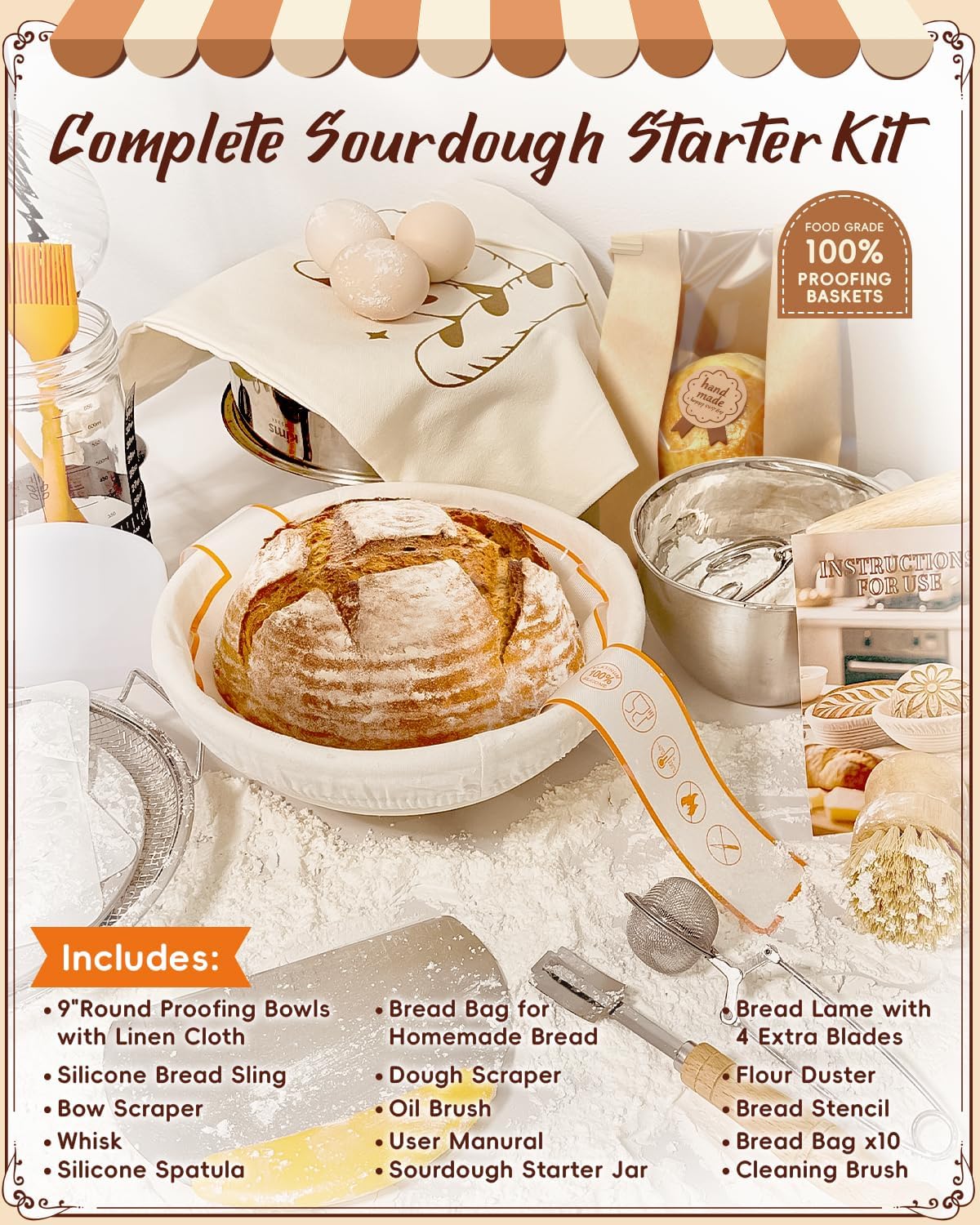 Detalle 2 de RYMTOX Complete Sourdough Starter Kit with 9-Inch Proofing Basket and Full Accessories