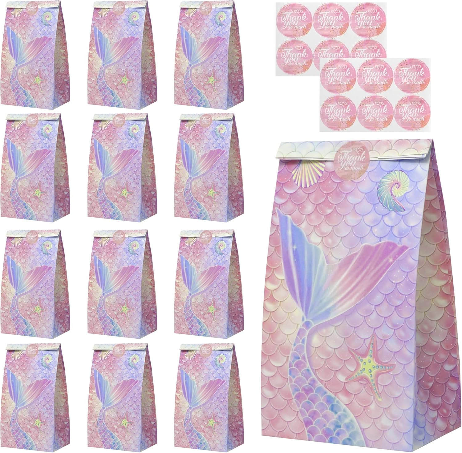 12 Geschenktüten „Meerjungfrau“ aus Kraftpapier (mit Aufklebern), Set für Süßigkeiten & Party-Goodies