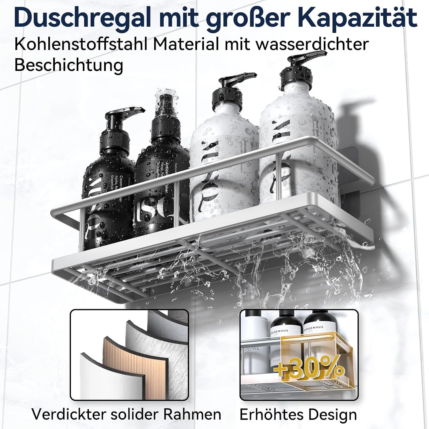 Detalle de YASONIC Duschablage ohne Bohren (3er-Set) – rostfreie Organizer mit 2 Haken, schnell trocknend, Silber