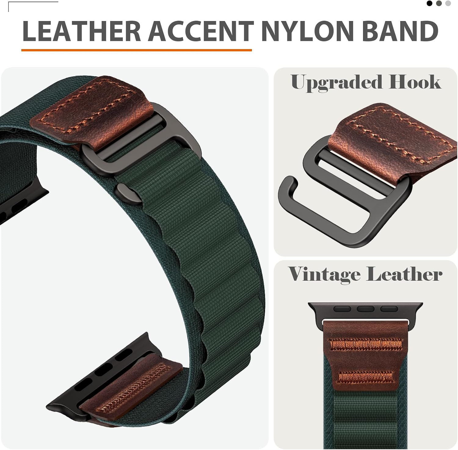 Thumbnail 2 de MRAIN-H Dark Green Nylon and Leather Apple Watch Band, Stretch Fit