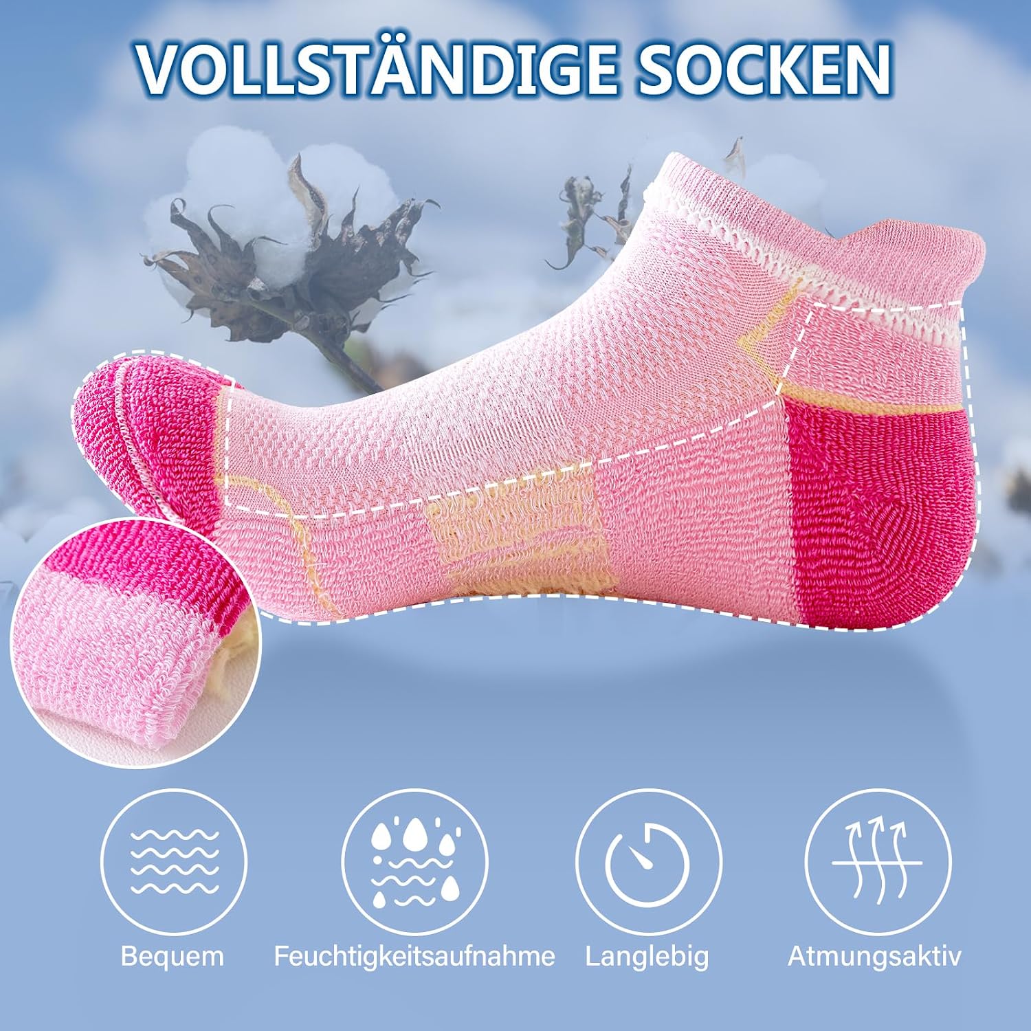 Detalle de Niorasen Sneaker Socken Damen 39-42 / 35-38 – Atmungsaktiv, Anti-Blasen, Gepolstert, 6 Paar