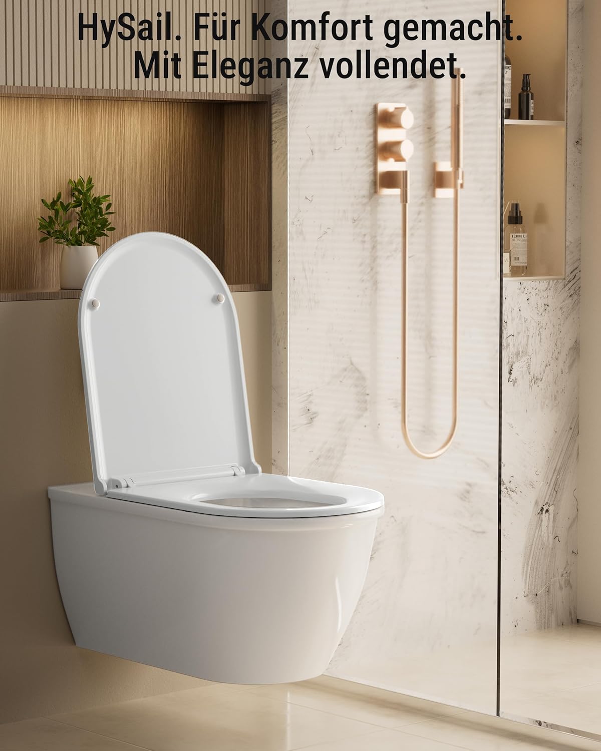 Detalle de HySail Toilettendeckel mit Absenkautomatik – robust, hygienisch, farbbeständig (D-Form Lang, Weiß)