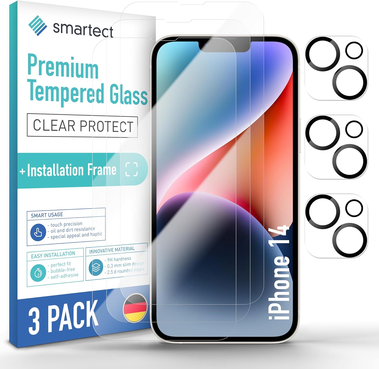 Detalle de smartect skärmskydd till iPhone 14, 3 skärmskydd och 3 kameraglas, 9H