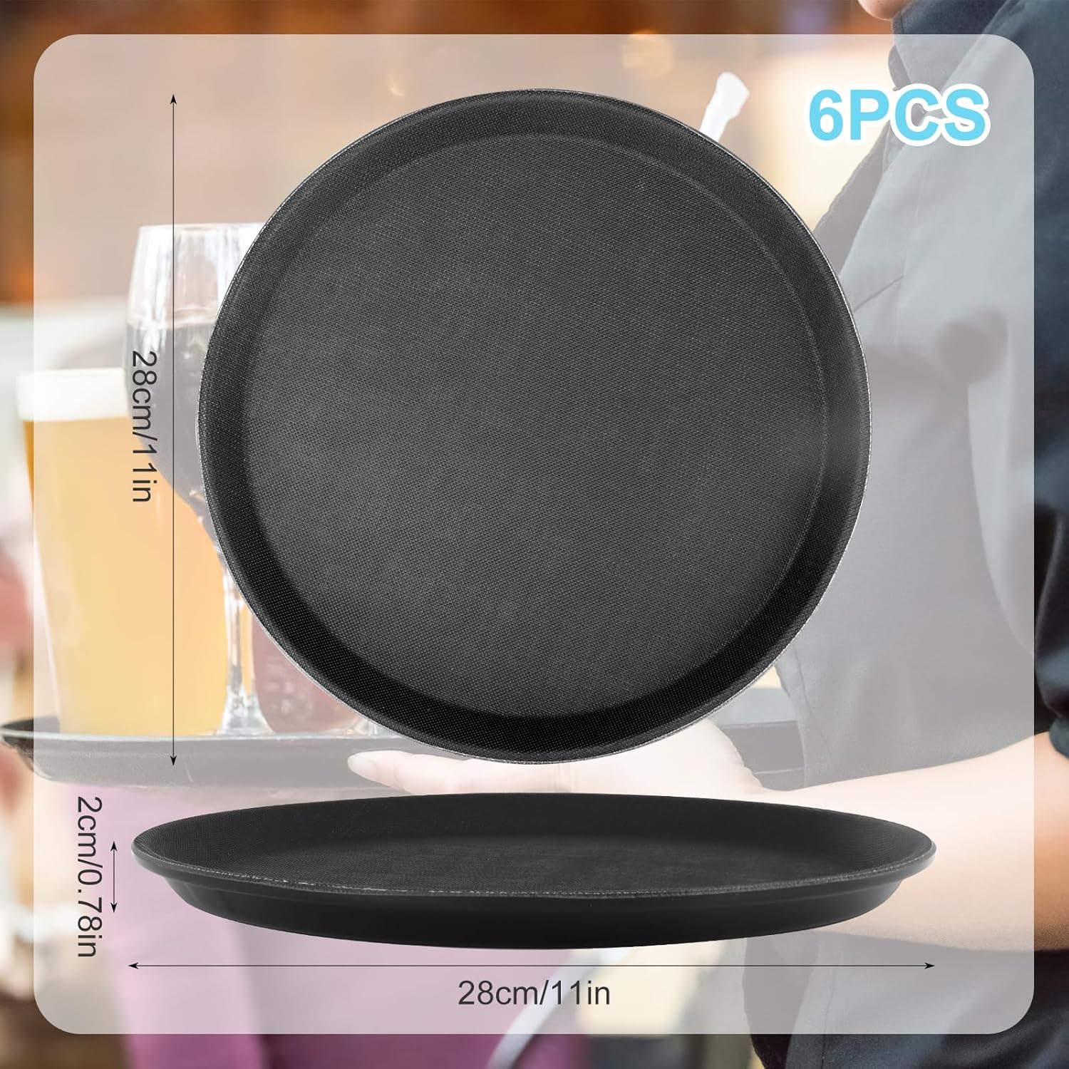 Thumbnail 1 de 6 Pieces Restaurant Serving Tray Set — Non-Slip Round Plastic Trays, 28 cm, Black