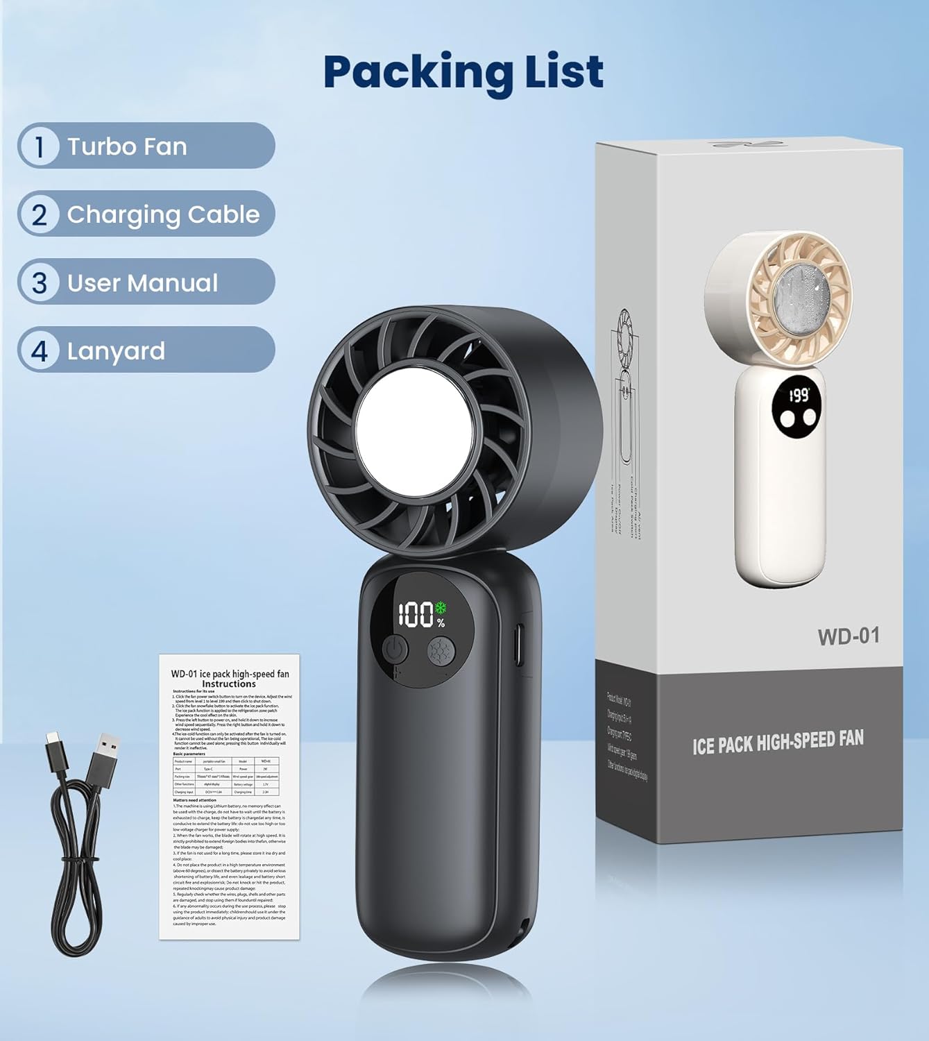 Detalle 2 de Portable Handheld Fan with Turbo Cooling and 4000mAh Battery