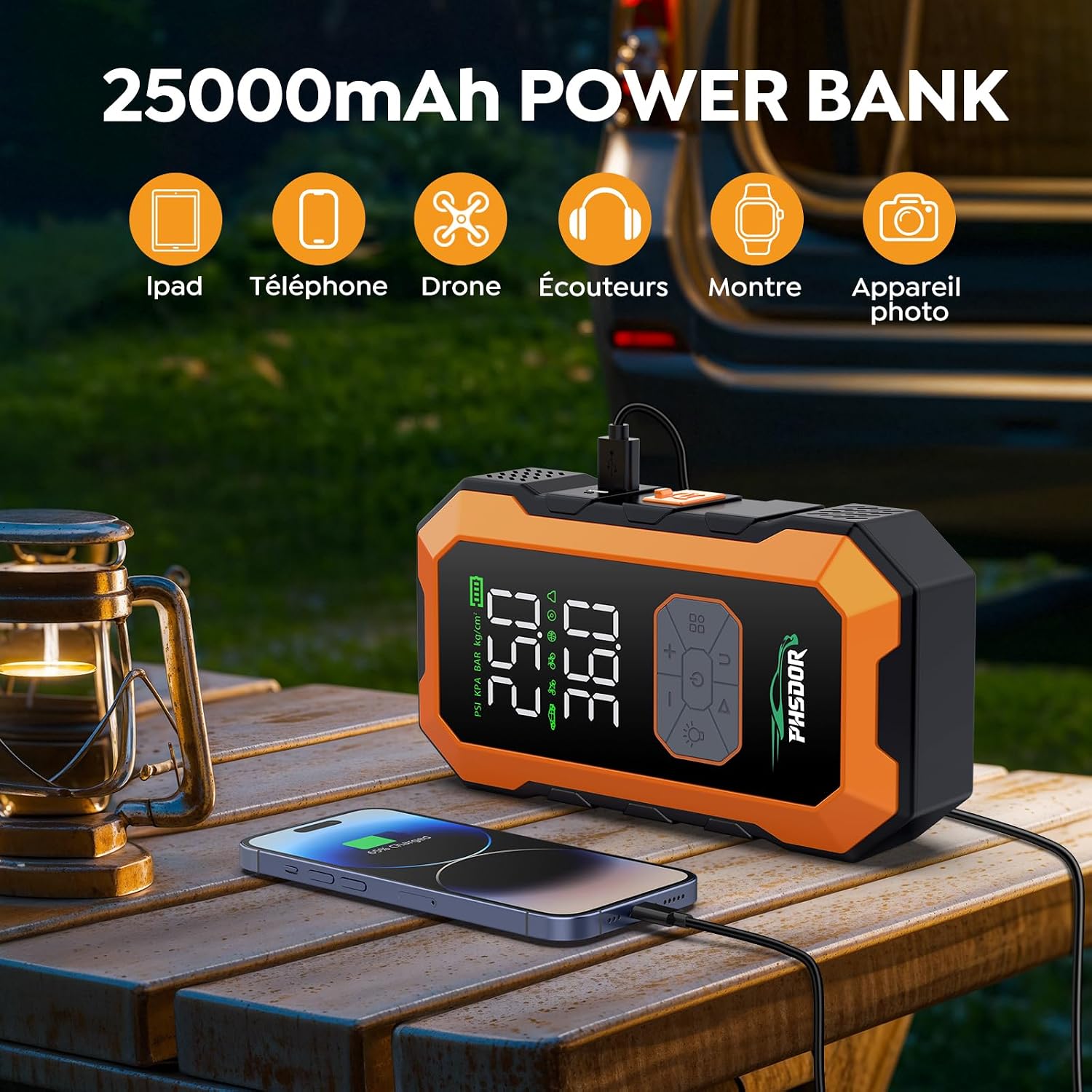 Detalle 2 de Booster batterie voiture 8000A avec gonfleur 150 PSI, 25000 mAh et lampe LED 3 modes