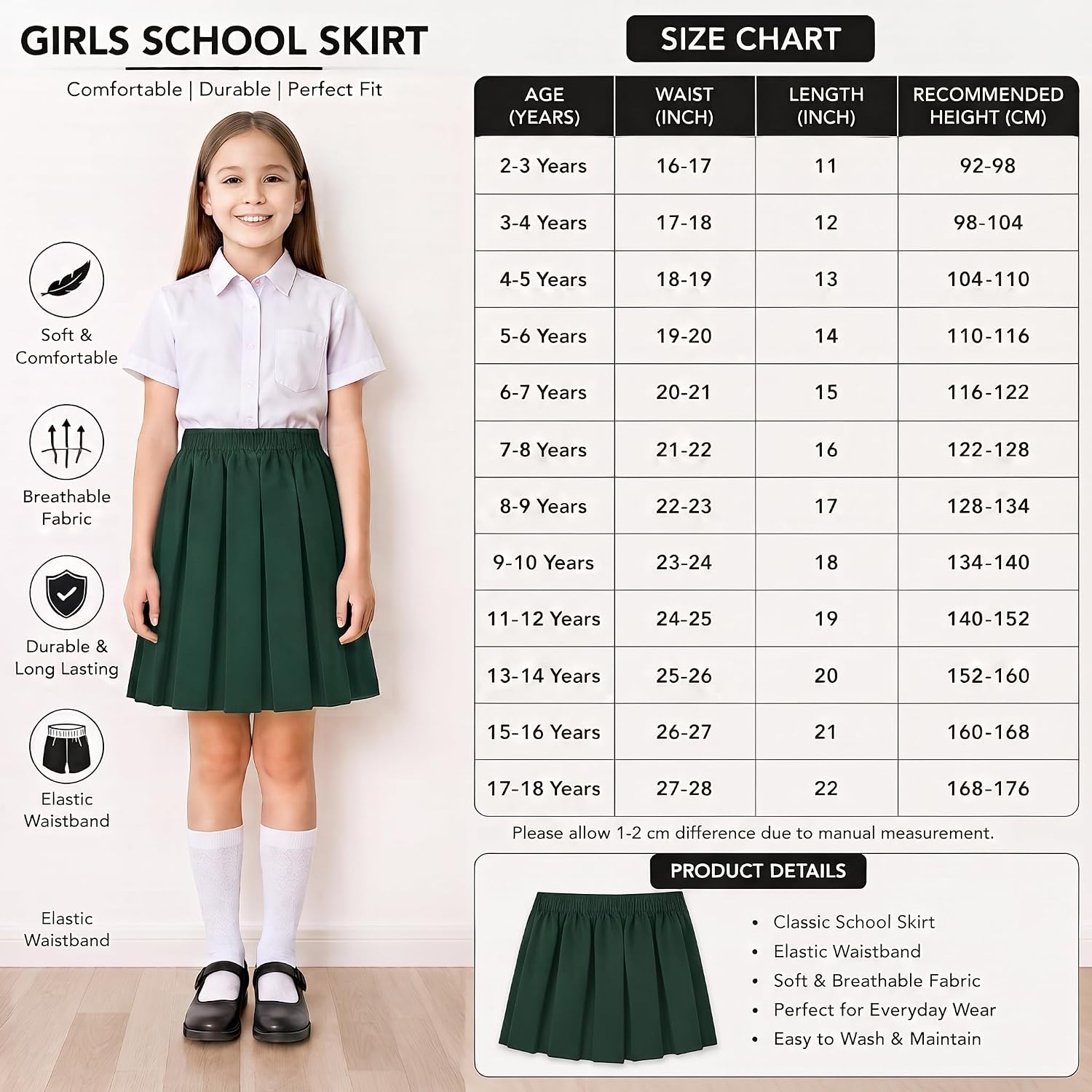 Detalle de reshmena® Girls School Uniform Skirt – Classic Box Pleat Knee-Length Knit-Free Comfort for School Days