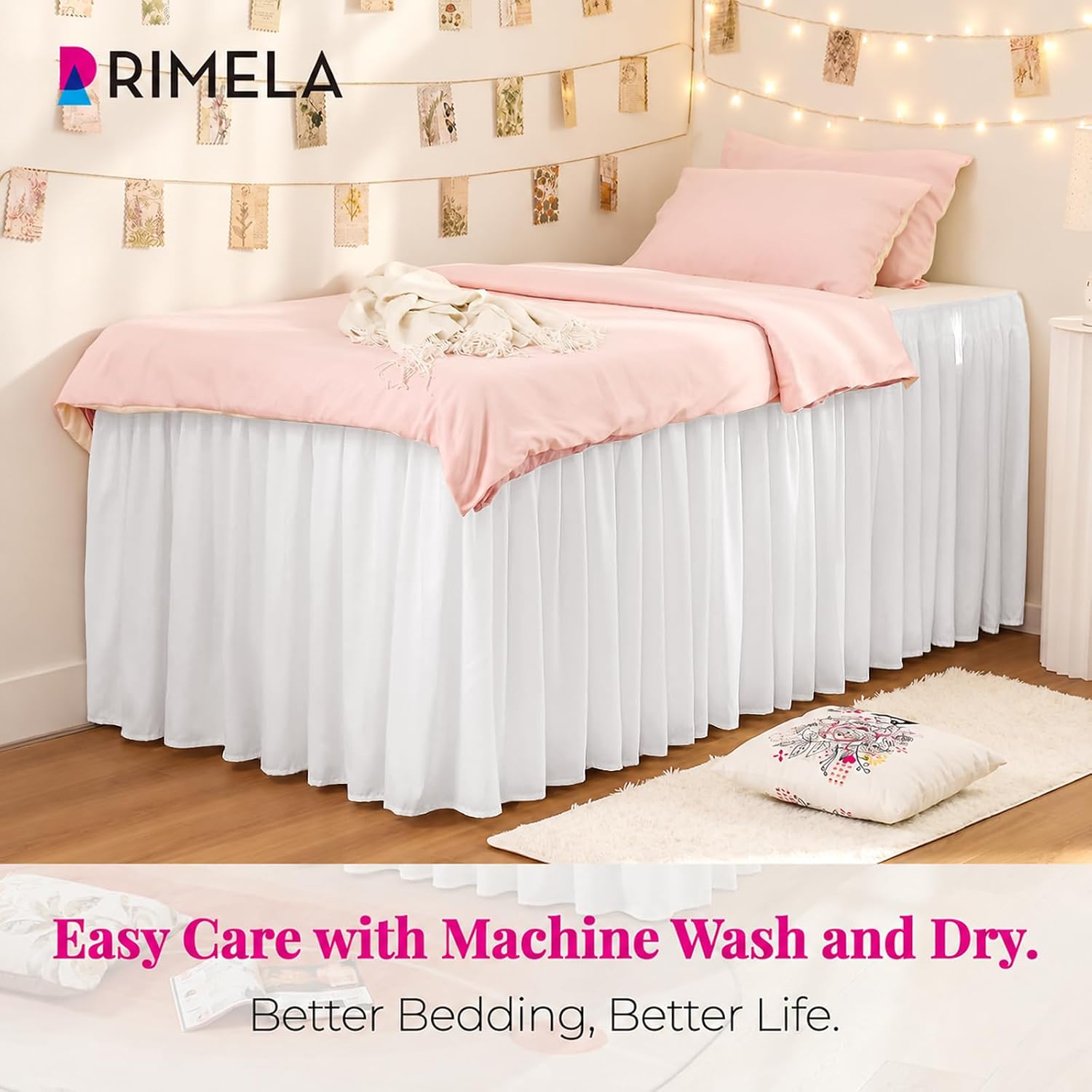 Detalle de RIMELA Twin XL Dorm Bed Skirt with 36-Inch Drop – Easy Wrap-Around Elastic Dust Ruffle in Warm White