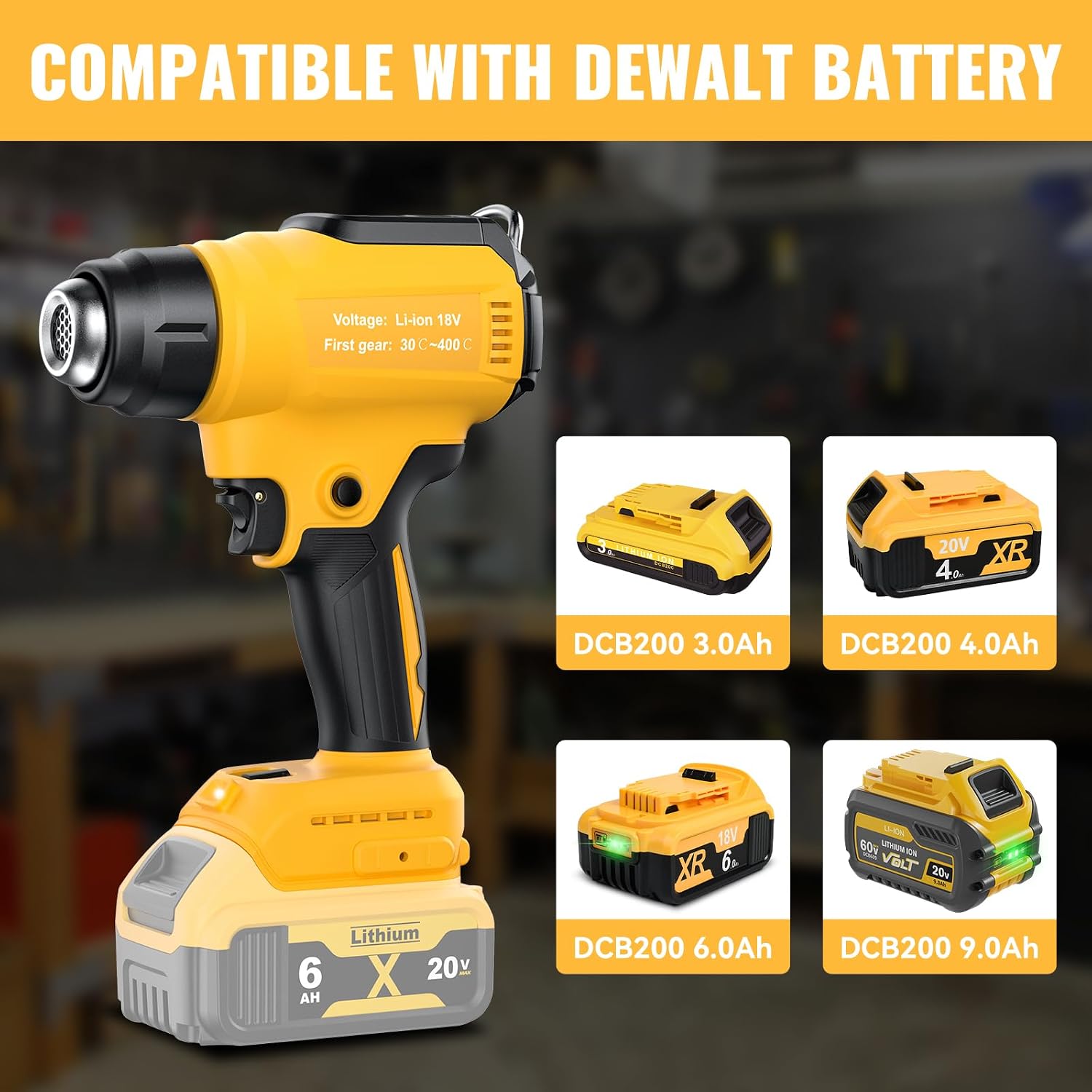 Thumbnail 1 de GGiking draadloos heteluchtpistool voor Dewalt-accu, met 4 mondstukken