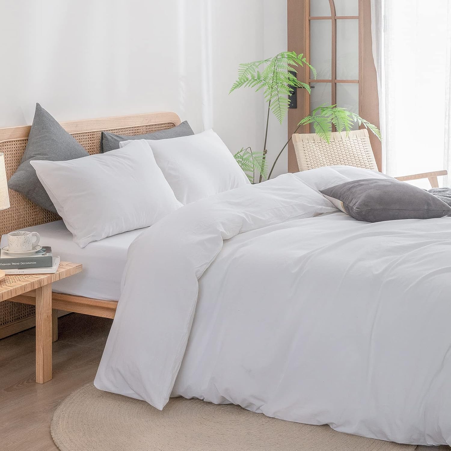Detalle de BESTOUCH Cotton Solid Duvet Cover Set Linen Feel Bright White, Super King (3 pieces)