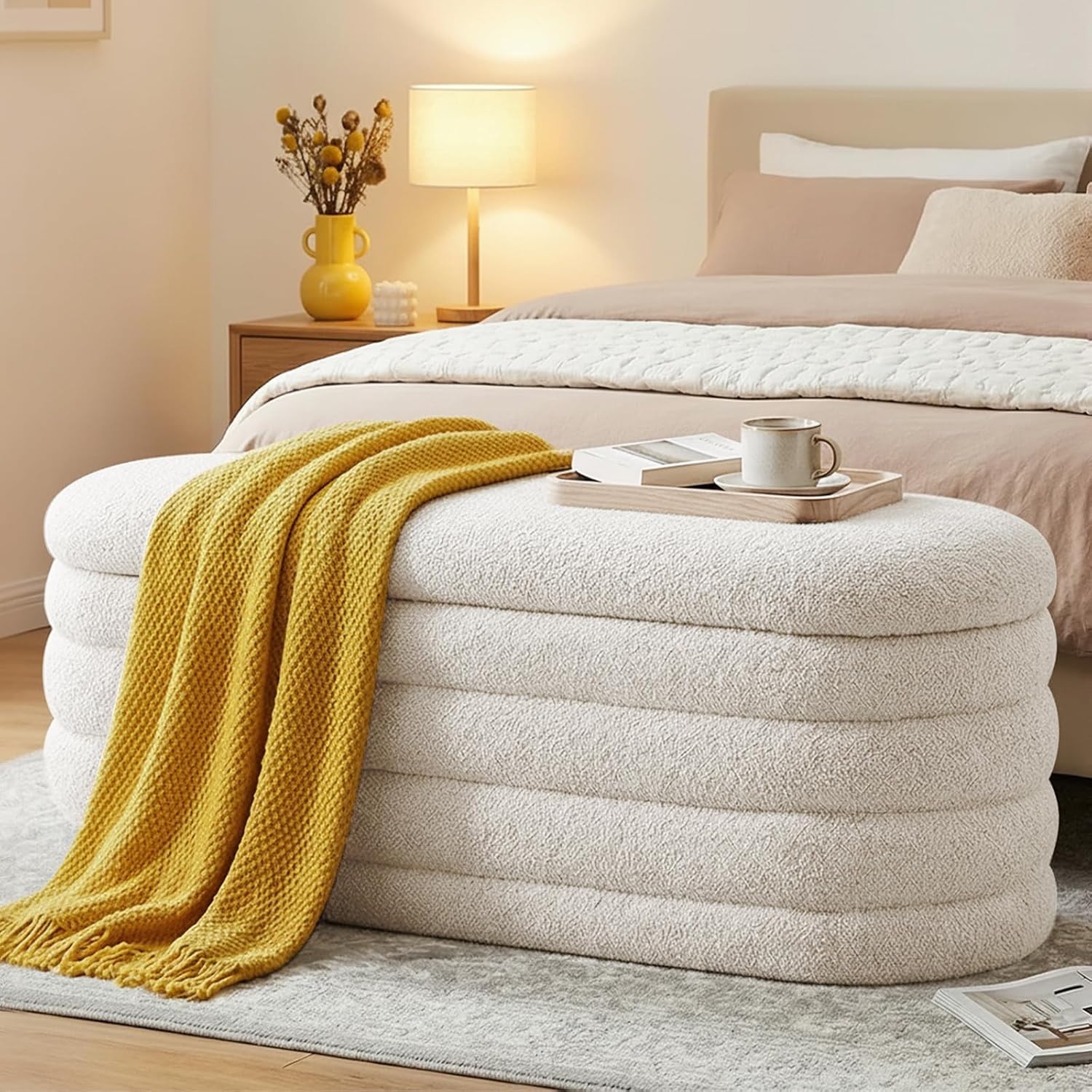 Ckaff Panca Contenitore per Camera da Letto – Panca Fondo Letto, imbottita in Sherpa, bianco, 115 x 45 x 46 cm