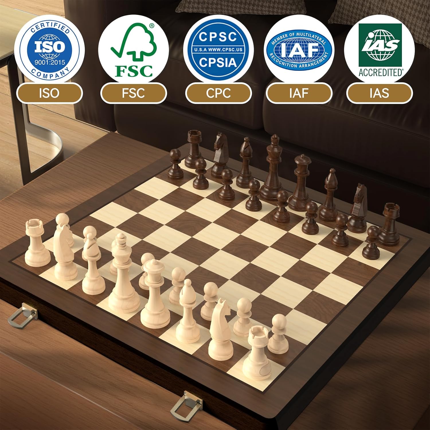 Thumbnail 5 de Puecrof 38 cm Holz Klapp-Schach- und Dame-Set – 2-in-1 Brettspiel mit handgefertigten Figuren