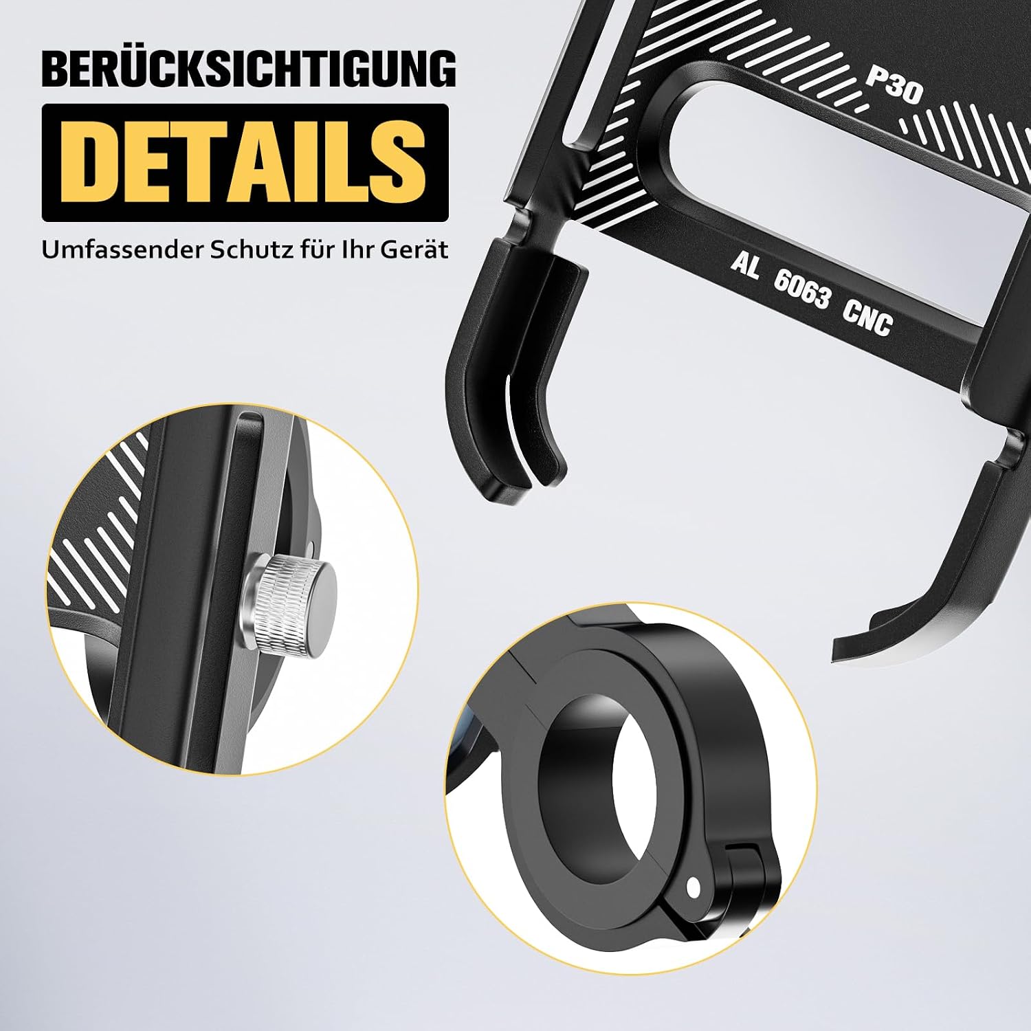 Detalle de DN DENNOV Porta Cellulare Bici: supporto in alluminio con rotazione a 360° e fissaggio universale 60–100 mm