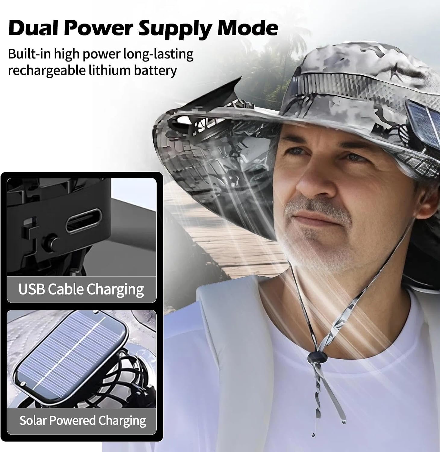Detalle de FishTrip Wide Brim Solar Fan Hat: Outdoor Sun Hat with Dual Solar USB-Fan System