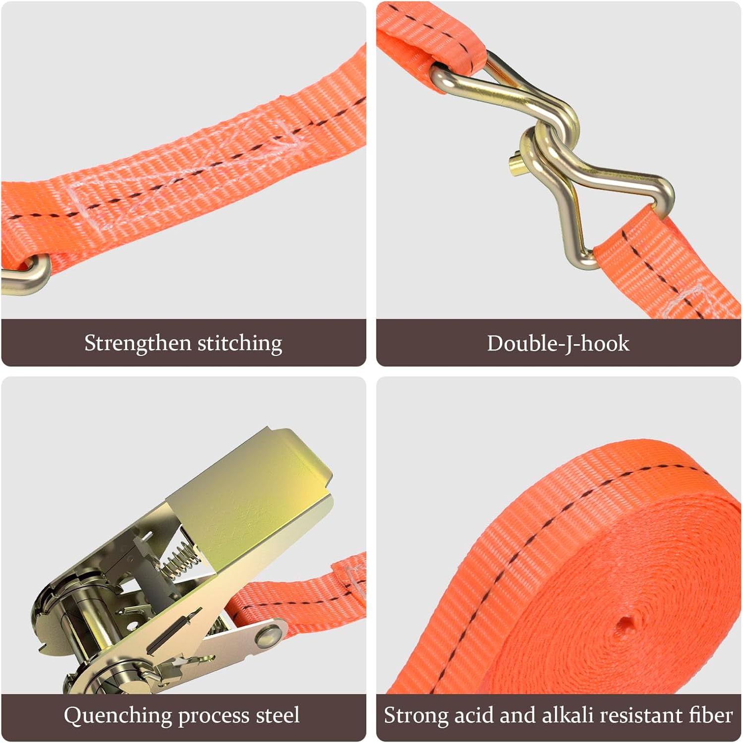 Detalle de GLOSKIN Lot de 4 sangles d’arrimage à cliquet avec crochets – 5,5 m × 2,5 mm, 1000 kg (orange)