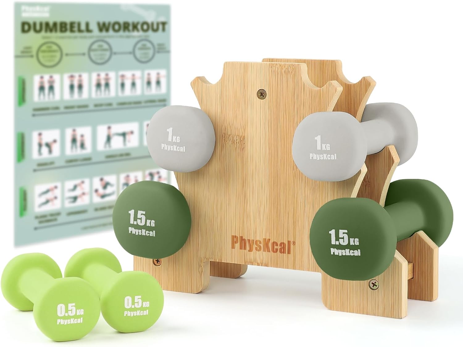 Detalle de PhysKcal Kurzhantel-Set mit Bambusständer – 6 kg Hanteln, ideal für Heimtraining
