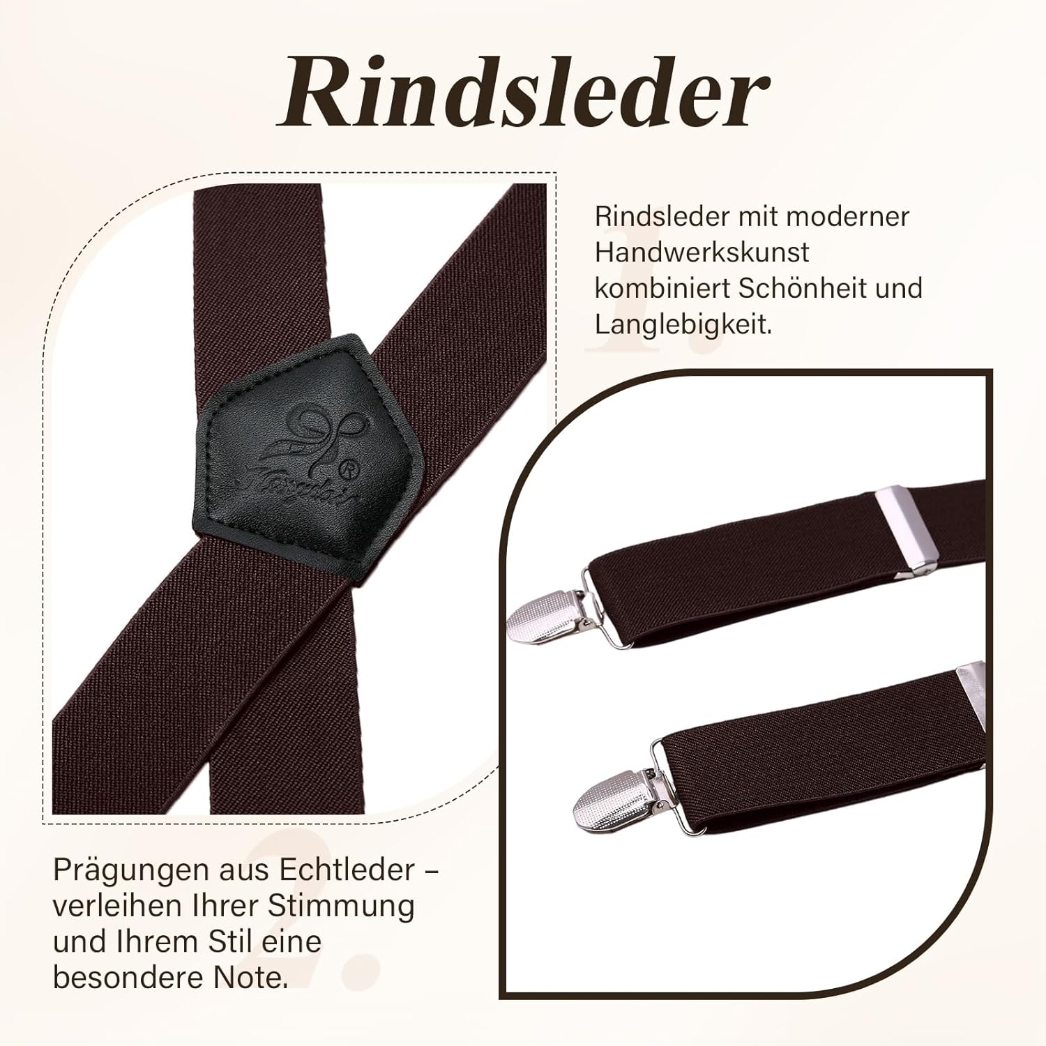 Detalle 2 de KANGDAI Herren Hosenträger mit 4 Clips aus echtem Leder und elastischen Trägern