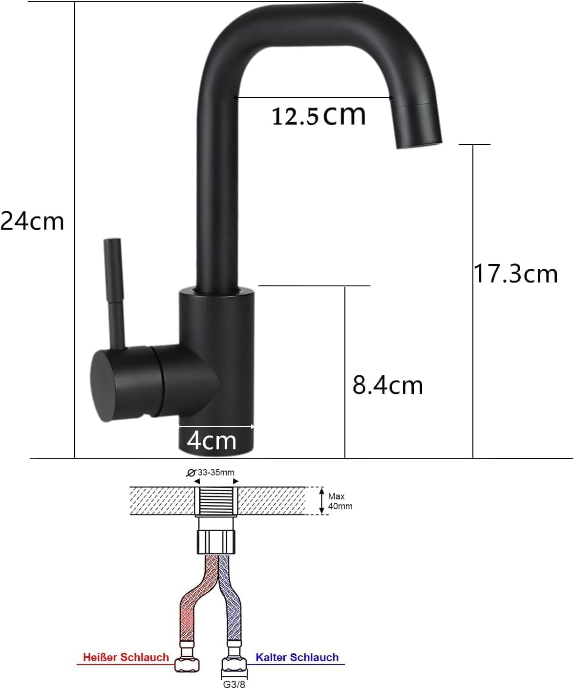 Thumbnail 4 de Mursche Waschtischarmatur Schwarz matt – 360° schwenkbarer Einhebel-Mischhahn für Bad & Küche