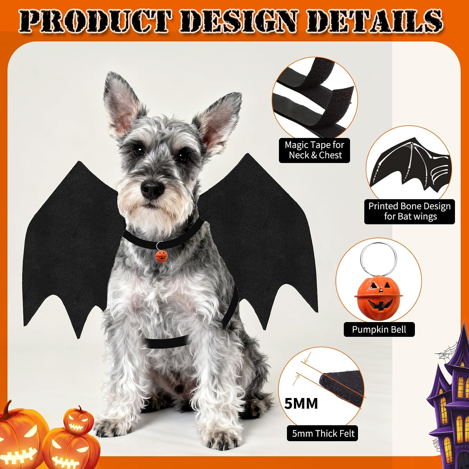 Detalle de OLANRUN OL-Halloween-Dog Small Dog Bat Costume with Skeleton Print and Pumpkin Bell