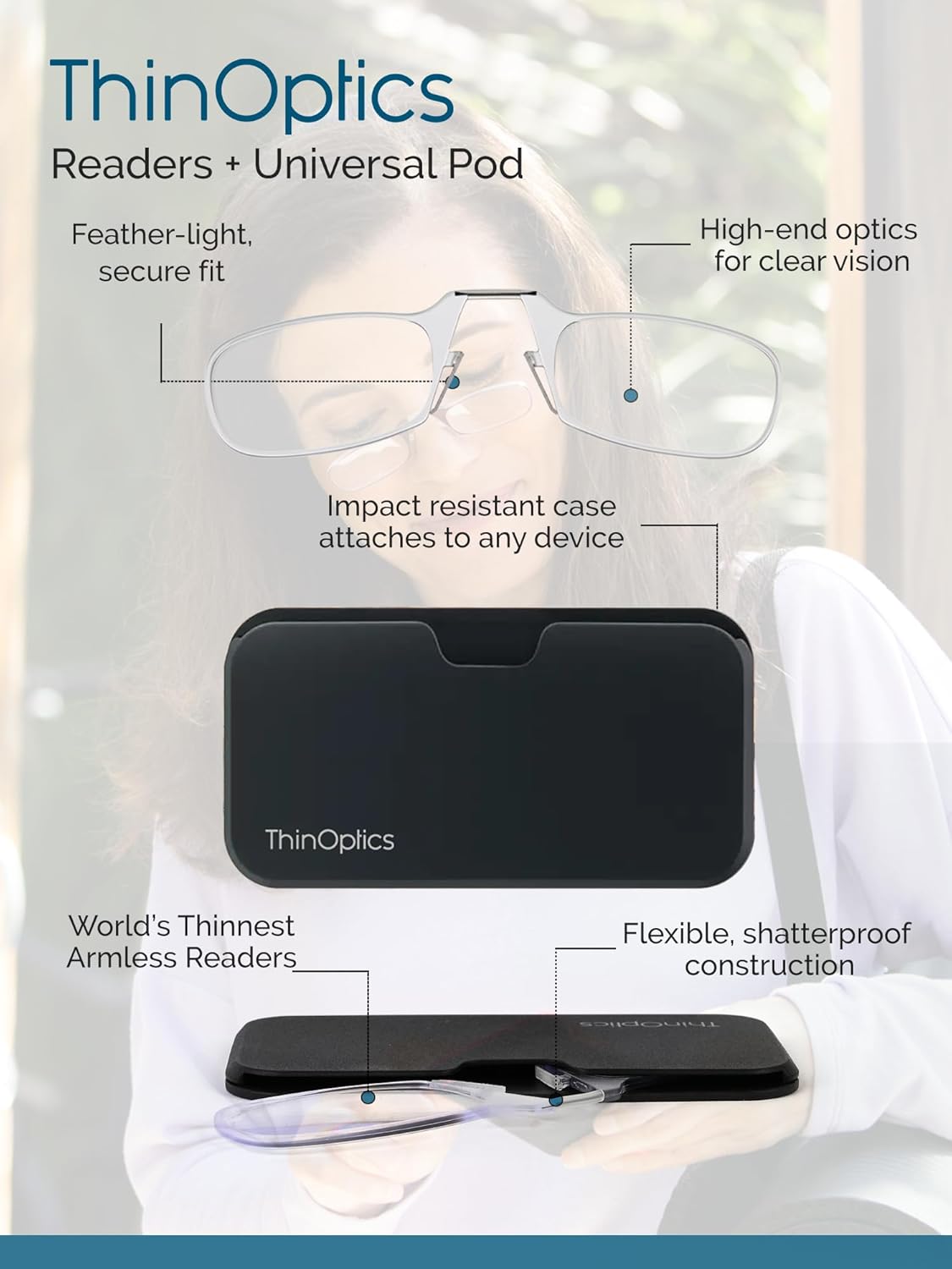 Detalle 2 de ThinOptics Reading Glasses + Black Universal Pod Case (2.00) – Slim, Portable Readers