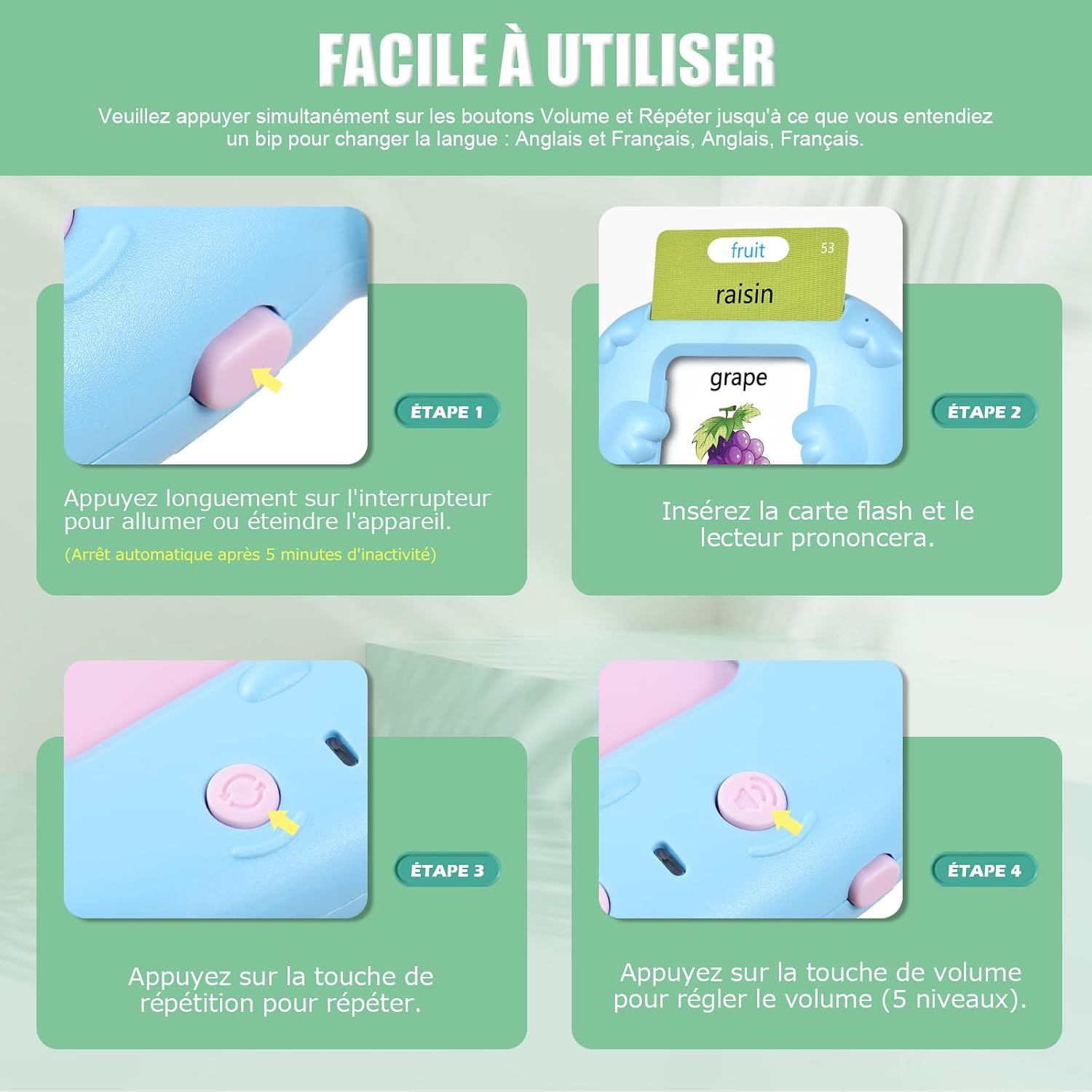 Detalle 2 de Cartes Flash Parlantes Montessori – 112 cartes, 224 mots, bilingue FR/EN (Bleu) – Jeu éducatif sans écran