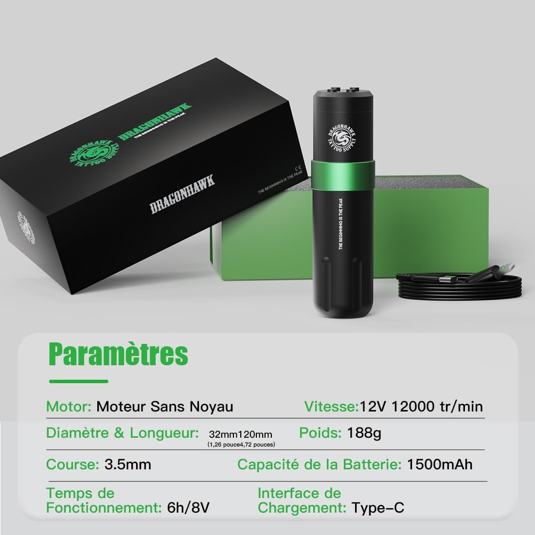 Detalle de Kit de machine à tatouer rotative sans fil Dragonhawk (batterie 1500 mAh, 20 aiguilles)