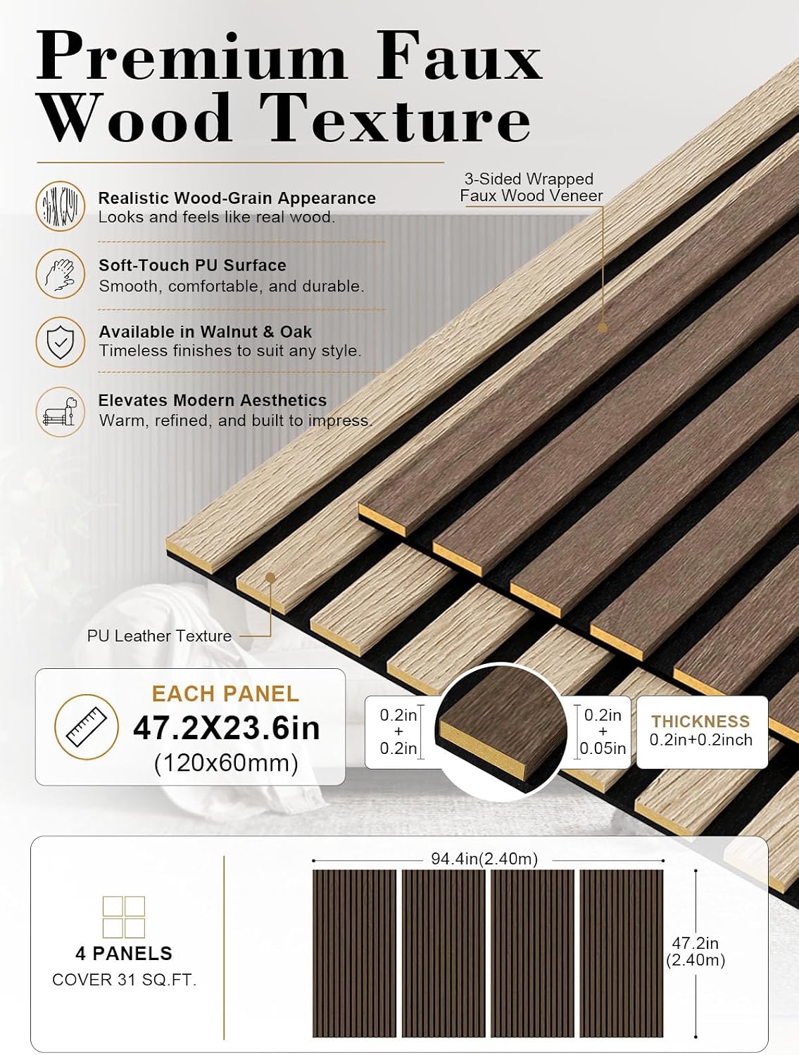 Detalle de AKUMAX Waterproof Wood Slat Acoustic Wall Panels, Walnut, 4-Pack, NRC 0.80