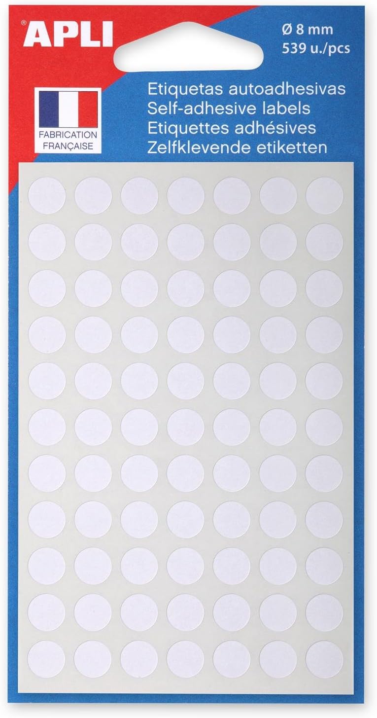 Detalle de APLI AGIPA 10059 ronde kleefetiketten, wit, Ø 8 mm, 539 stuks