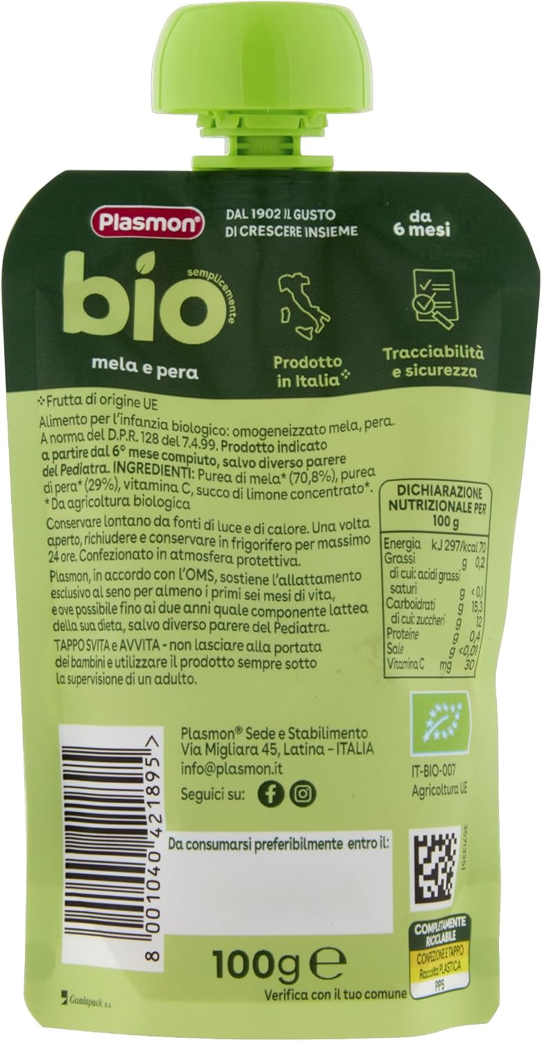 Detalle 2 de Plasmon BIO Pouch Mela Pera 100g (6 Pezzi): snack bio per bambini