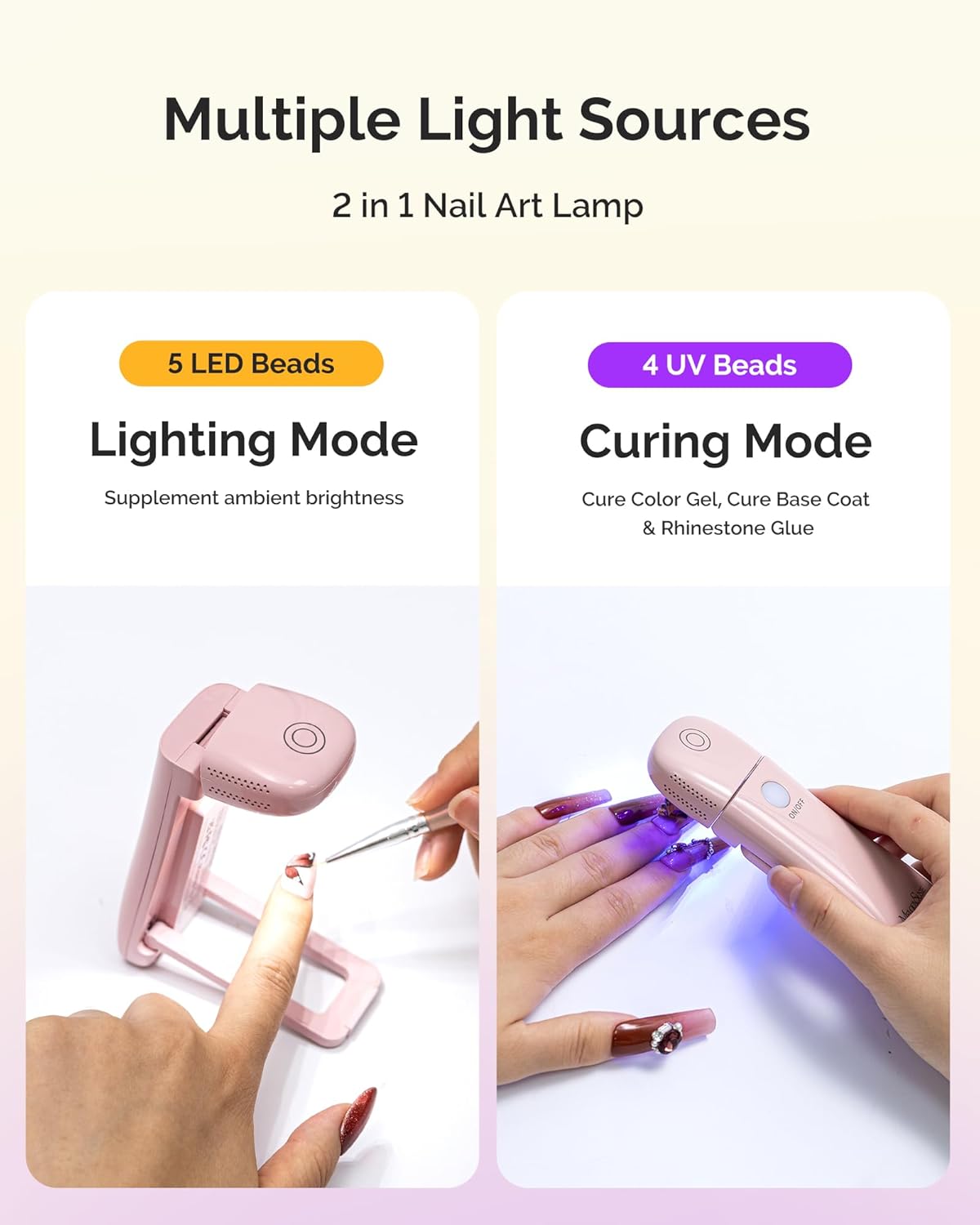 Detalle de Melodysusie ART09F Cordless Handheld UV Light for Gel Nails (Pink) with Folding Stand