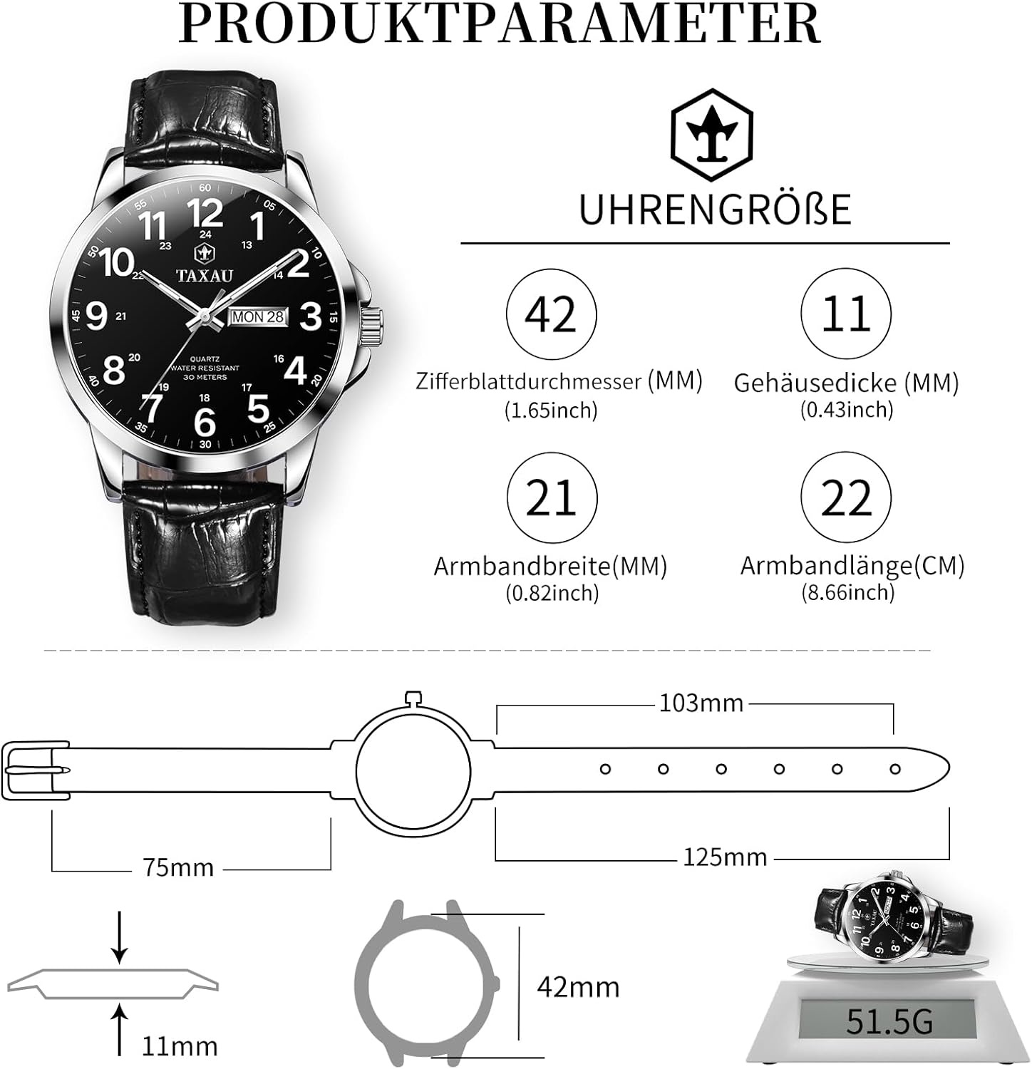Detalle 2 de Taxau Herrenuhr Wasserdicht 3 ATM – klassisch, elegant und zuverlässig