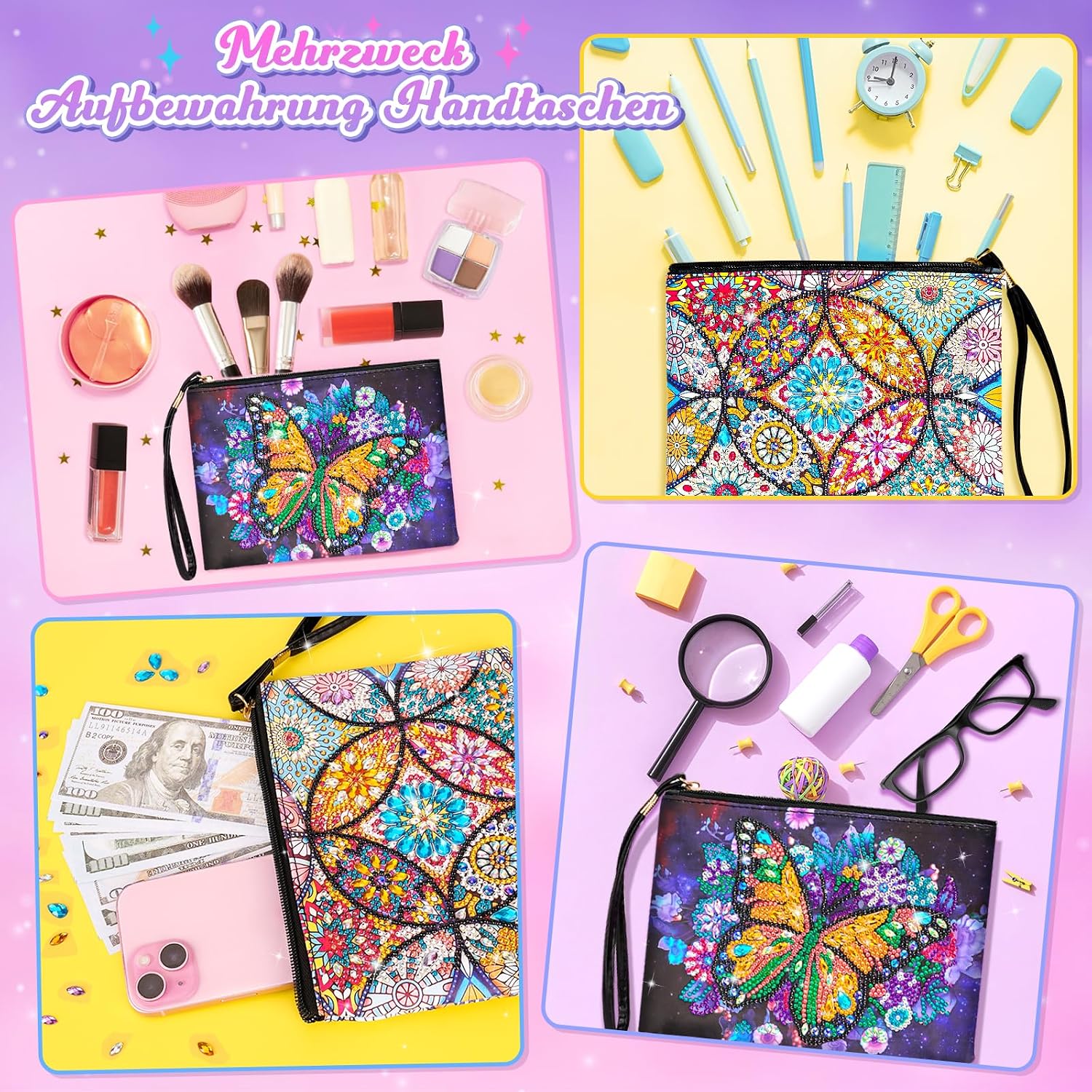 Detalle de Flnlano Diamond Painting Bastelset für Mädchen (2 Stück) mit kleiner Kosmetiktasche – ab ca. 7–11 Jahren