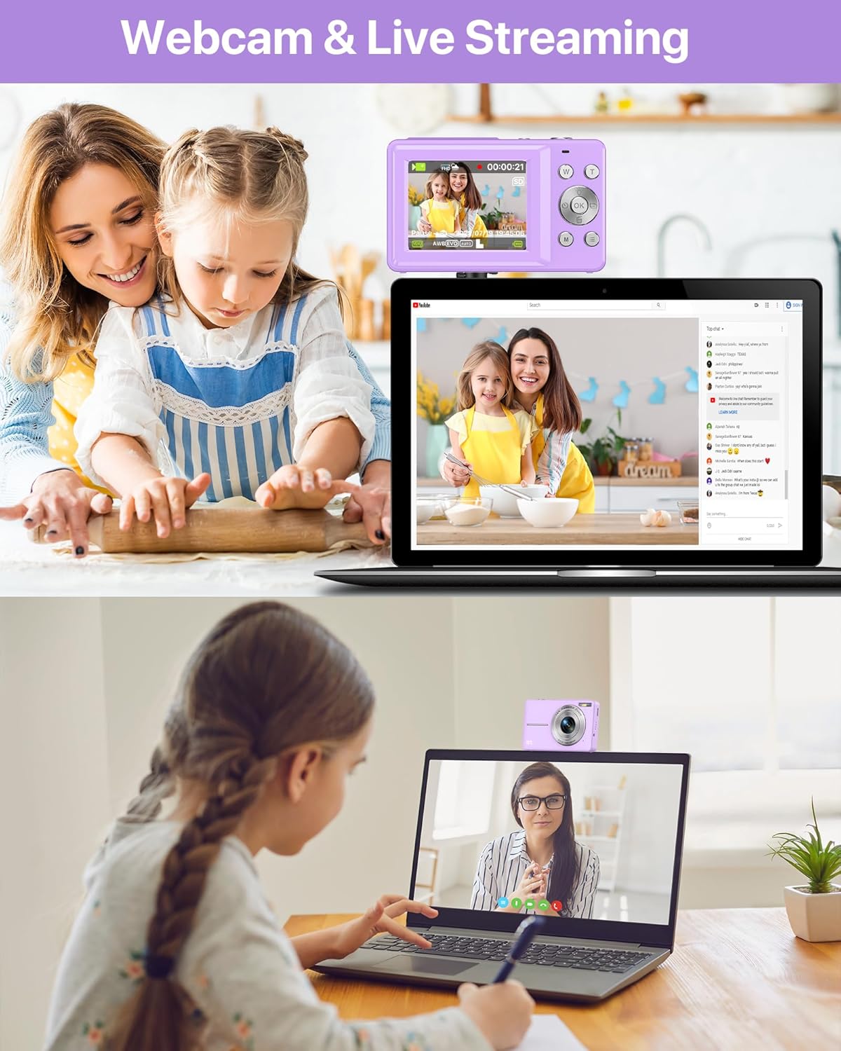 Thumbnail 5 de VAHOIALD Digital Camera 1080P (44MP) with 2.4" LCD, 16x Digital Zoom and Vlogging/Webcam Mode – Purple (No SD Card)