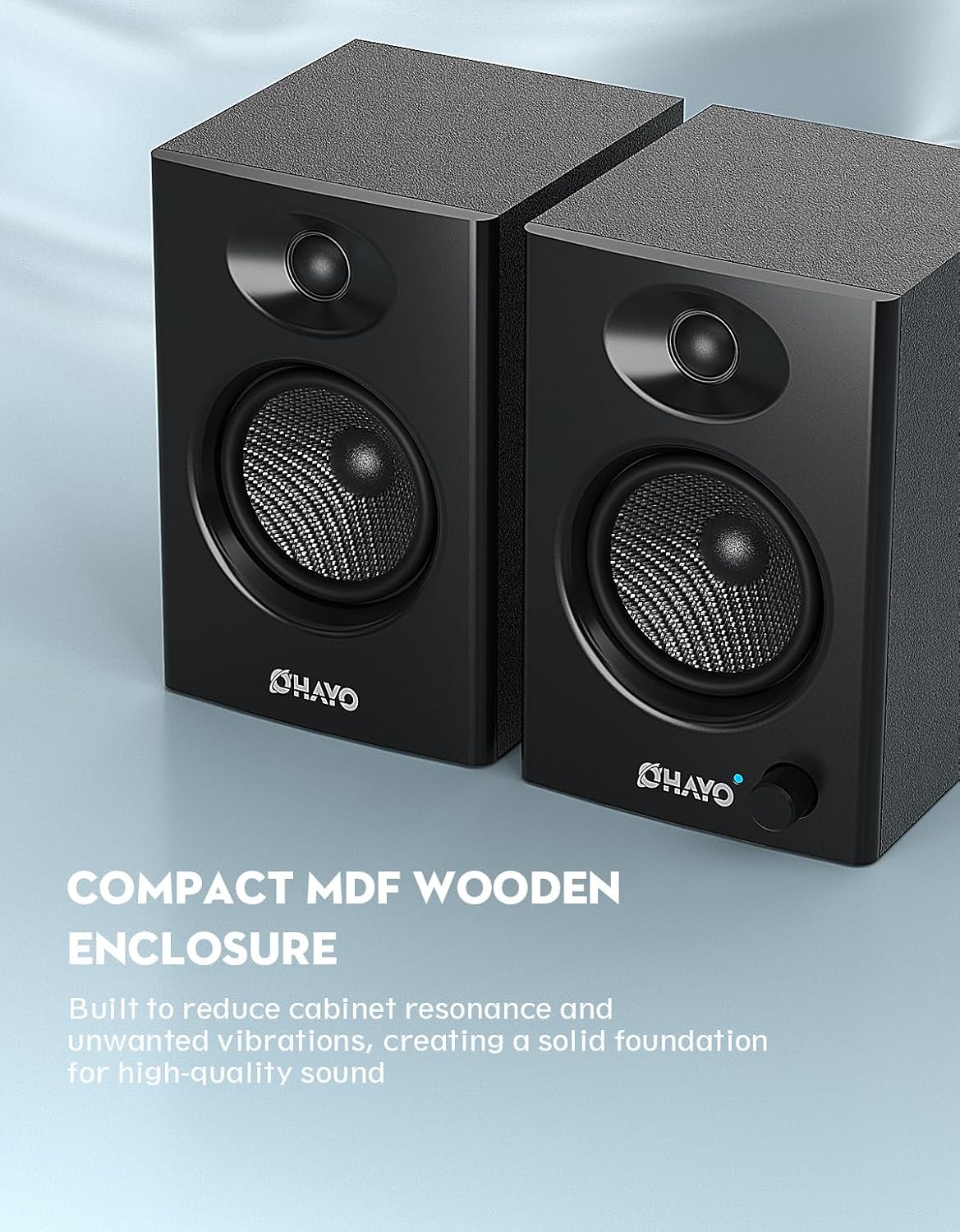 Detalle 2 de OHAYO 60W Active Bookshelf Speakers (Bluetooth 5.3, USB/RCA/AUX) – Stereo 2.0 Desktop Speakers, Black, 1 Pair