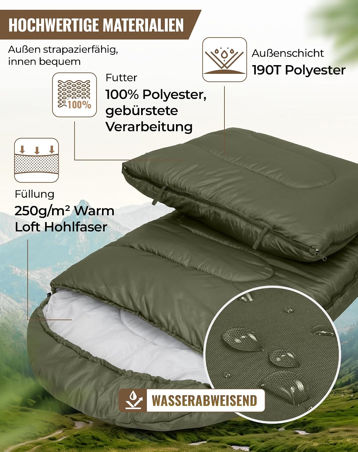 Detalle de KingCamp Camping Sommerschlafsack für Kinder & Erwachsene – kompakt, 3-Jahreszeiten, Deckenschlafsack integrierbar