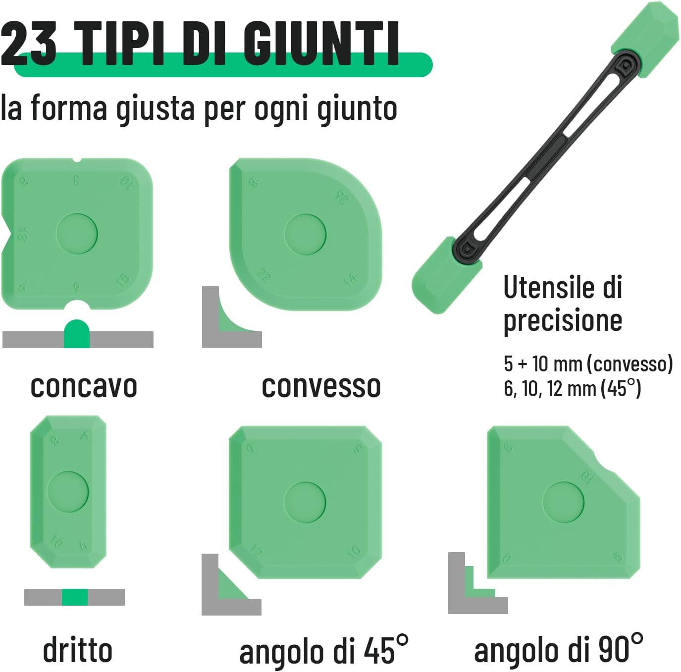 Detalle de Set 7 pezzi Spatola per silicone per rifinitura Greate: 5 tira-fughe flessibili + asta tira-fughe e rimuovi silicone